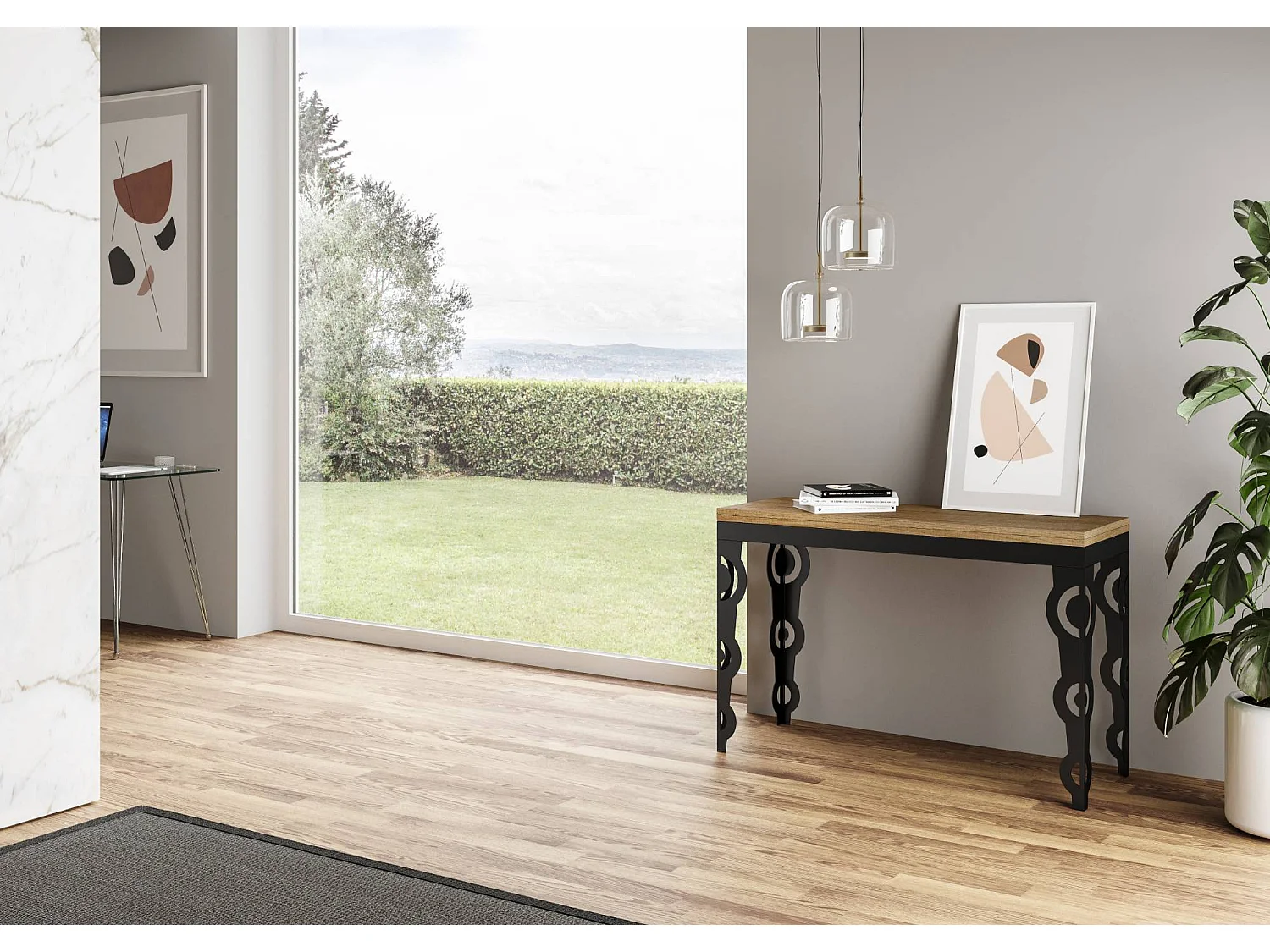 Table extensible portefeuille 120x45/90 cm Karamay Double Chêne Nature cadre Anthracite