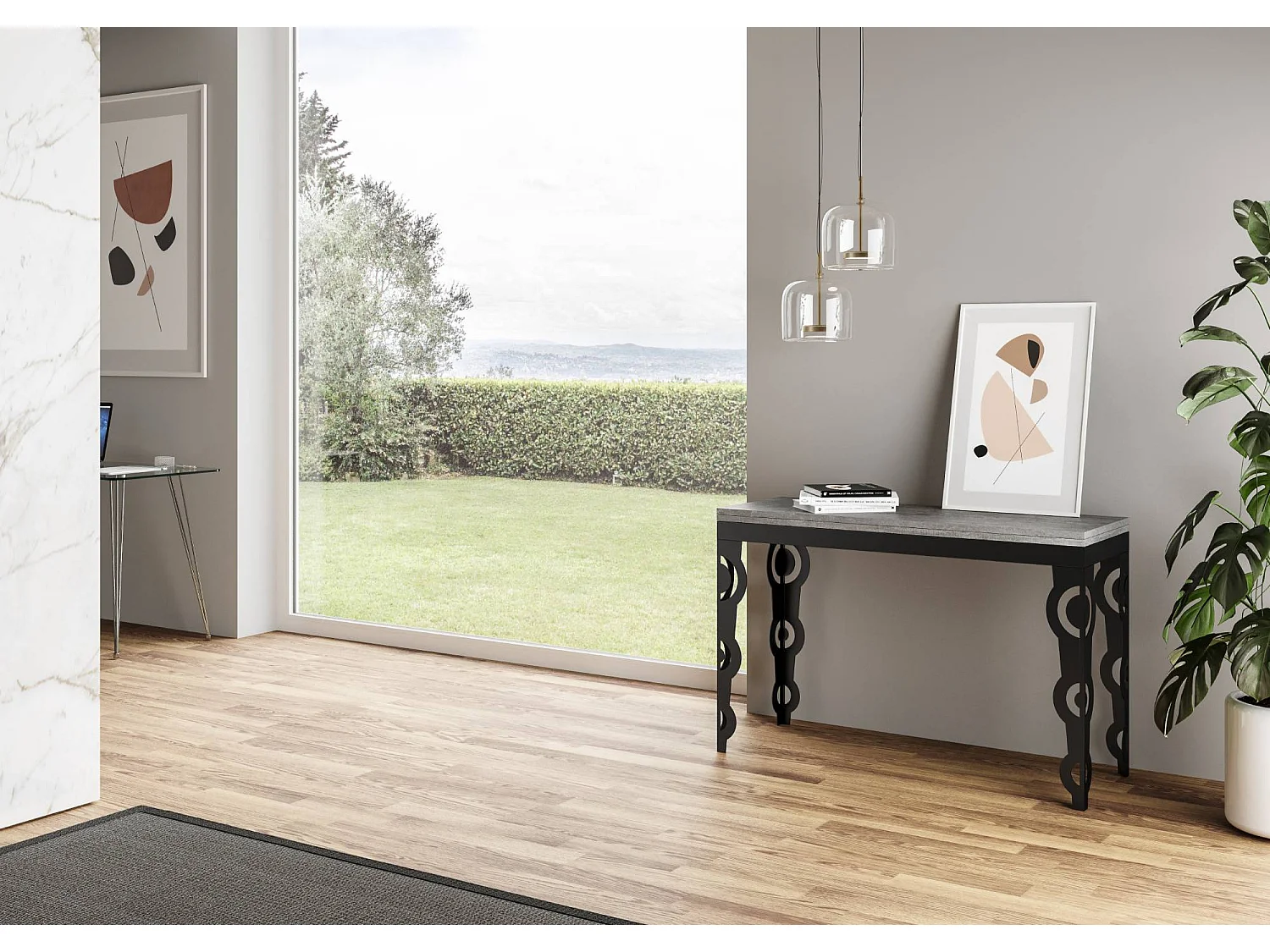 Table extensible portefeuille 120/200x45/90 cm Karamay Double Gris Béton cadre Anthracite