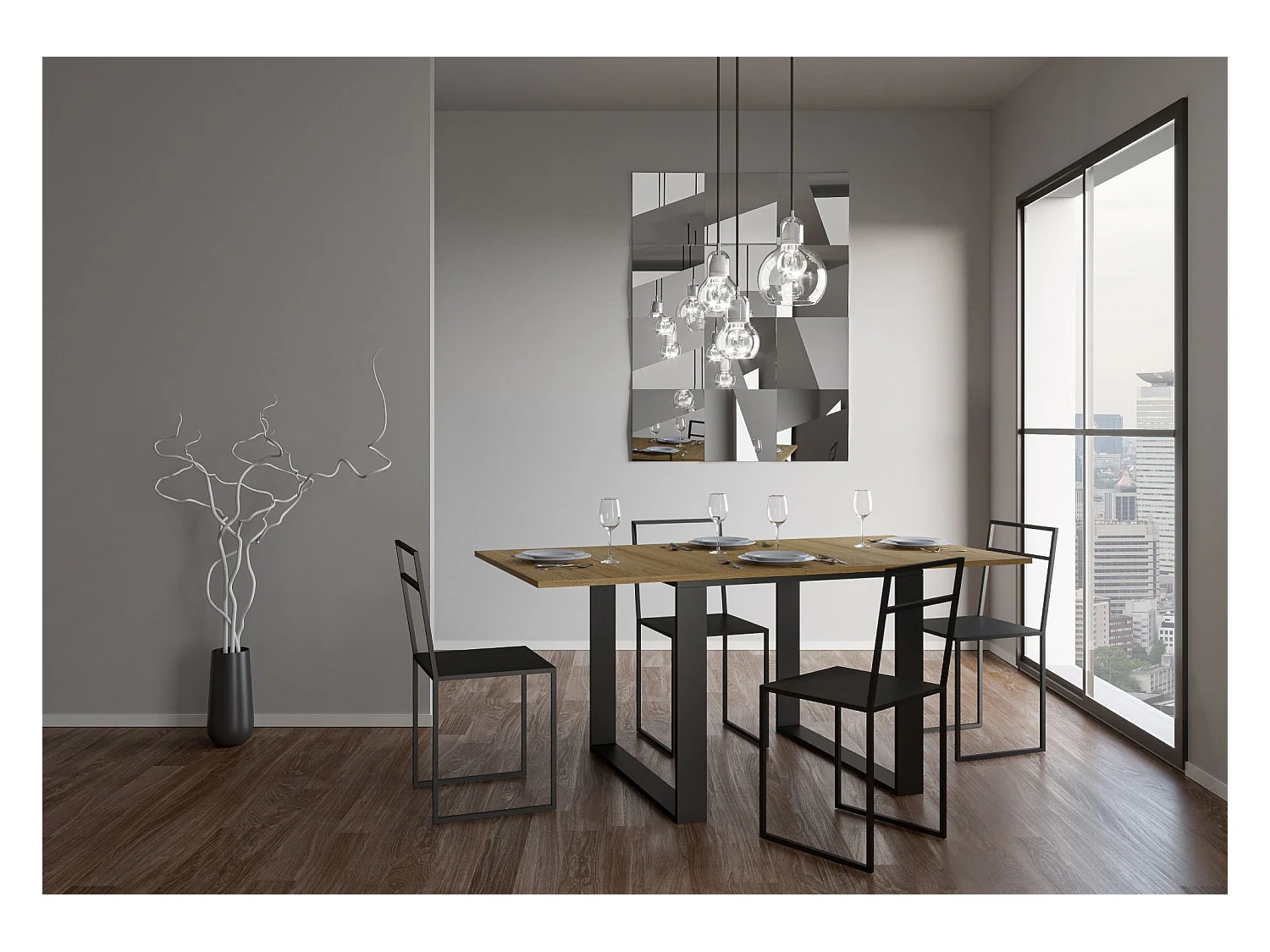 Mesa tipo libro 90x90/180 cm Tecno Libra Roble Natural estructura Antracita