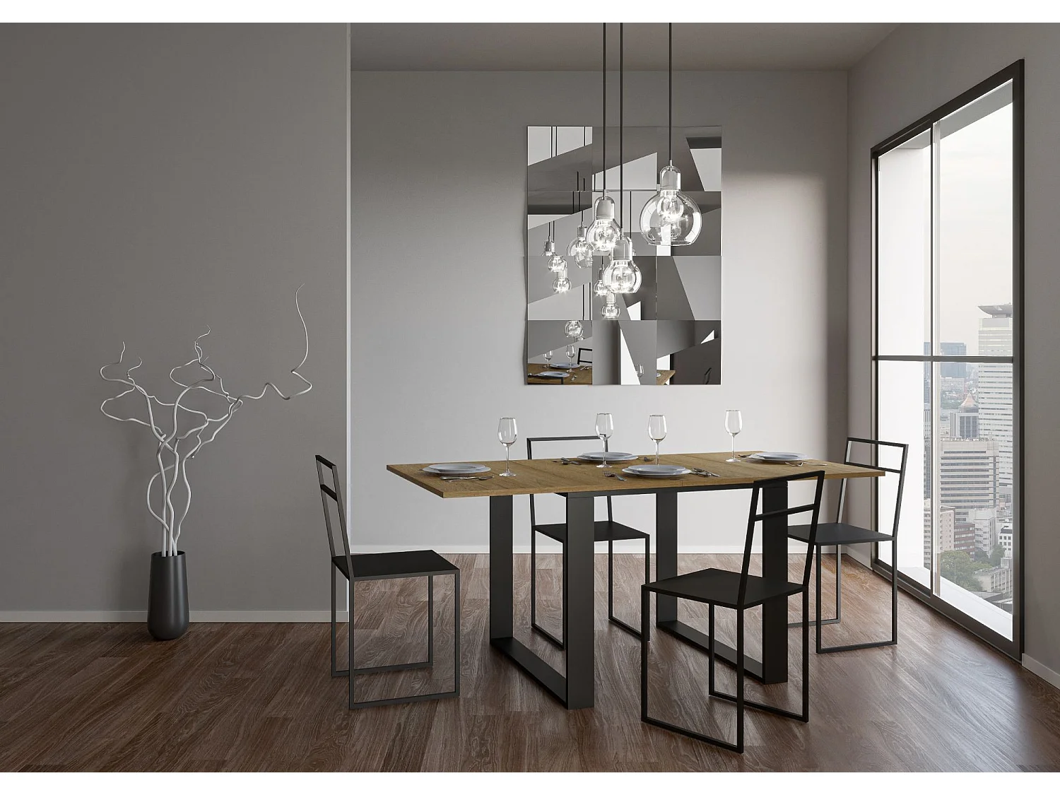 Table extensible portefeuille 90/180x90 cm Tecno Libra chêne nature cadre anthracite