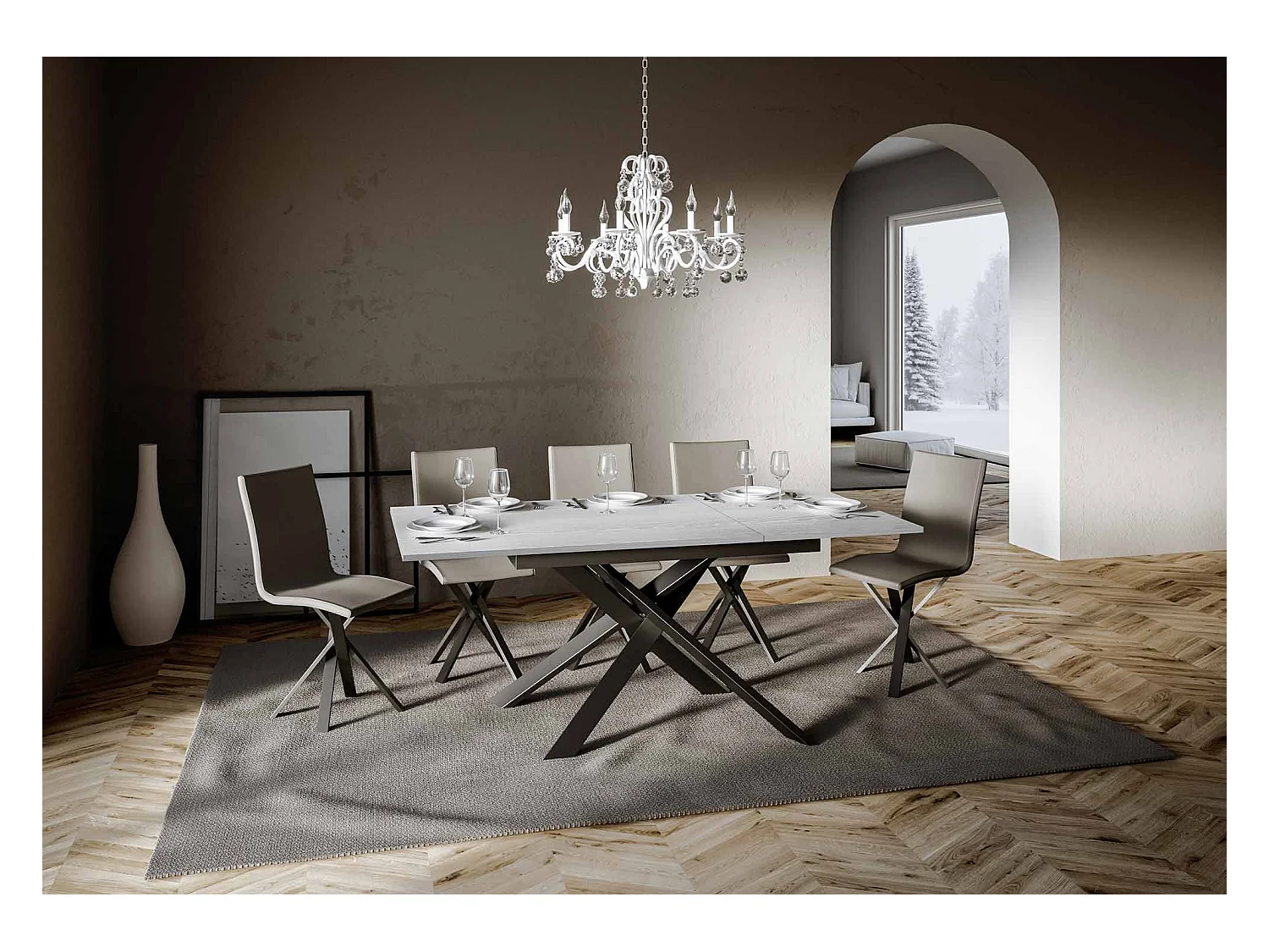 Mesa extensible 90x120/180 cm Ganty Fresno Blanco - canto del mismo color que la estructura Antracita