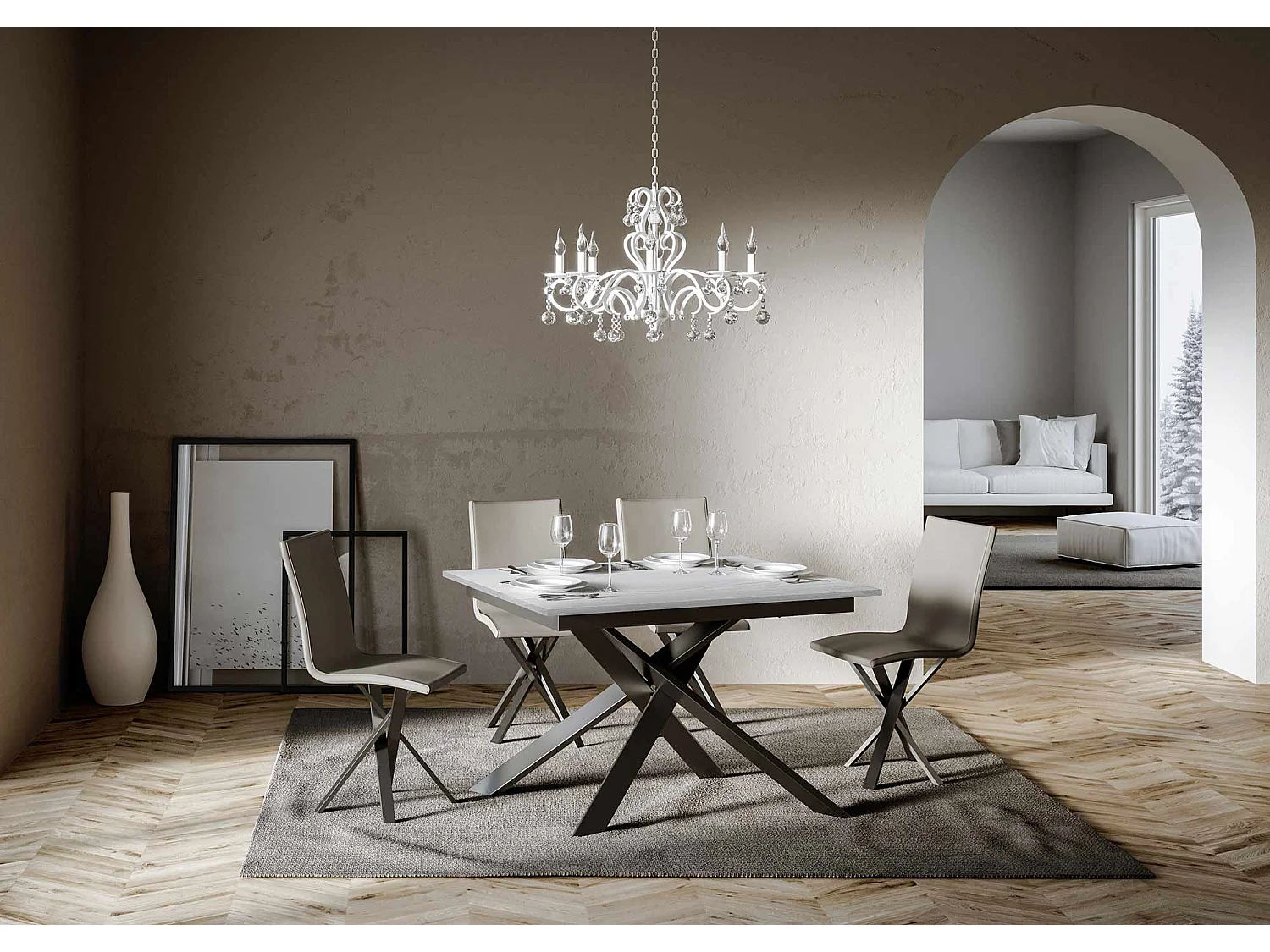 Uitschuifbare tafel 90x120/180 cm Ganty White Ash - rand in dezelfde kleur als het Antraciet frame