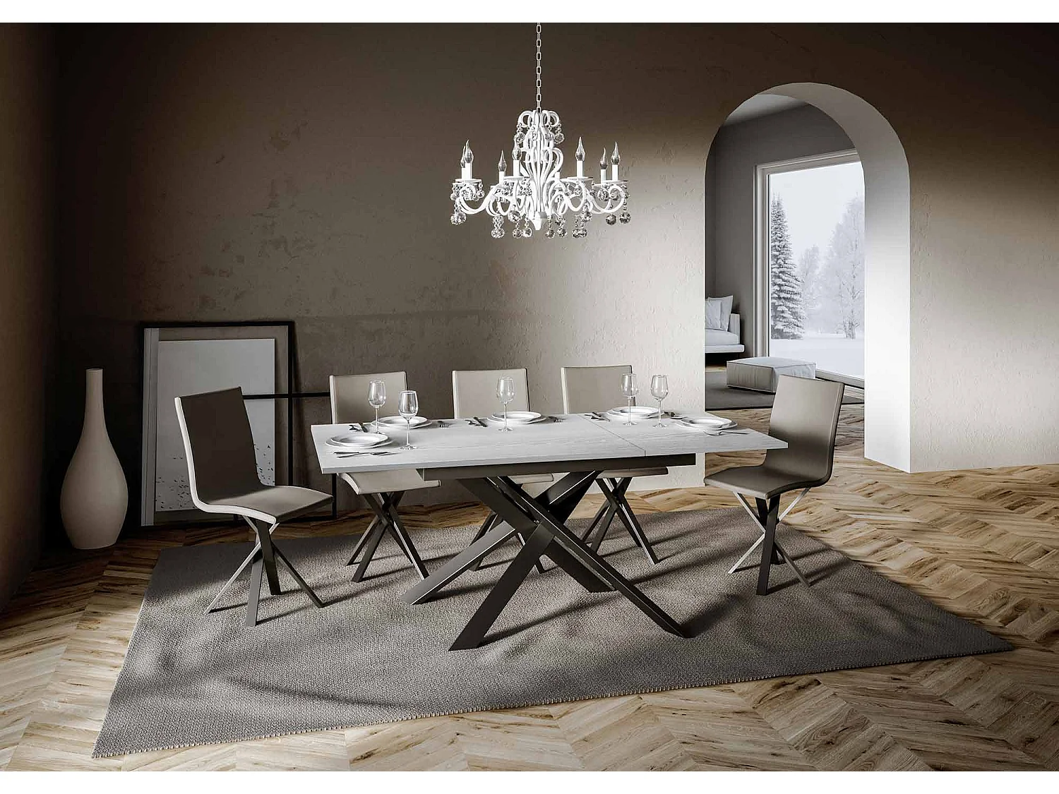 Uitschuifbare tafel 90x120/180 cm Ganty White Ash - rand in dezelfde kleur als het Antraciet frame