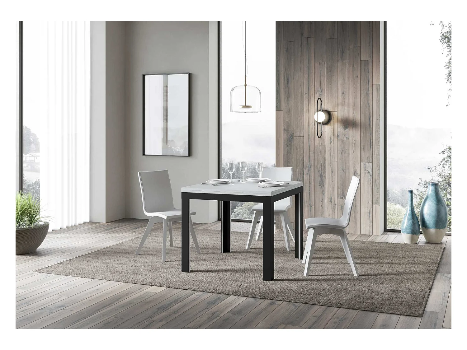 Mesa de jantar extensível tipo livro 90x90/180 cm Linea Libra Cinza Branca quadro Antracite