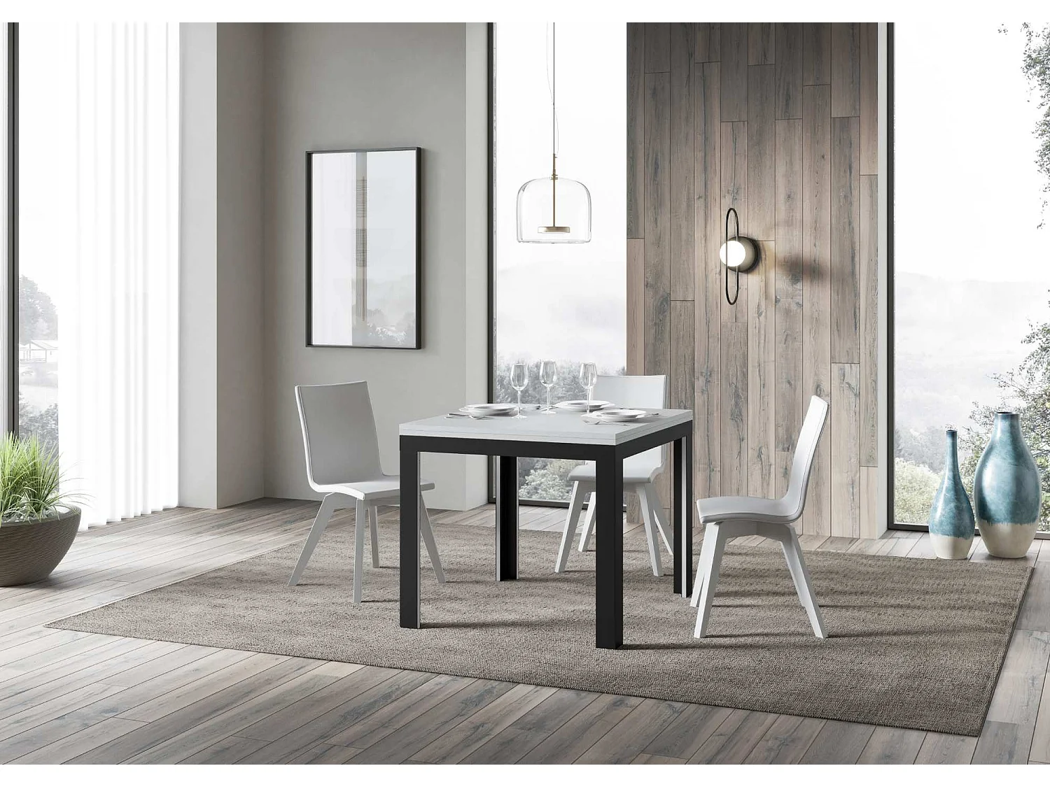 Table extensible portefeuille 90x90/180 cm Linea Libra Frêne Blanc cadre Anthracite