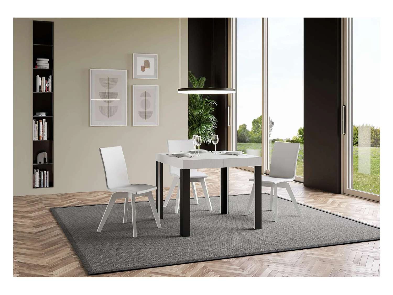 Ausziehtisch 90x90/246 cm Linea Esche weiß mit Eisenrahmen aus Anthrazit