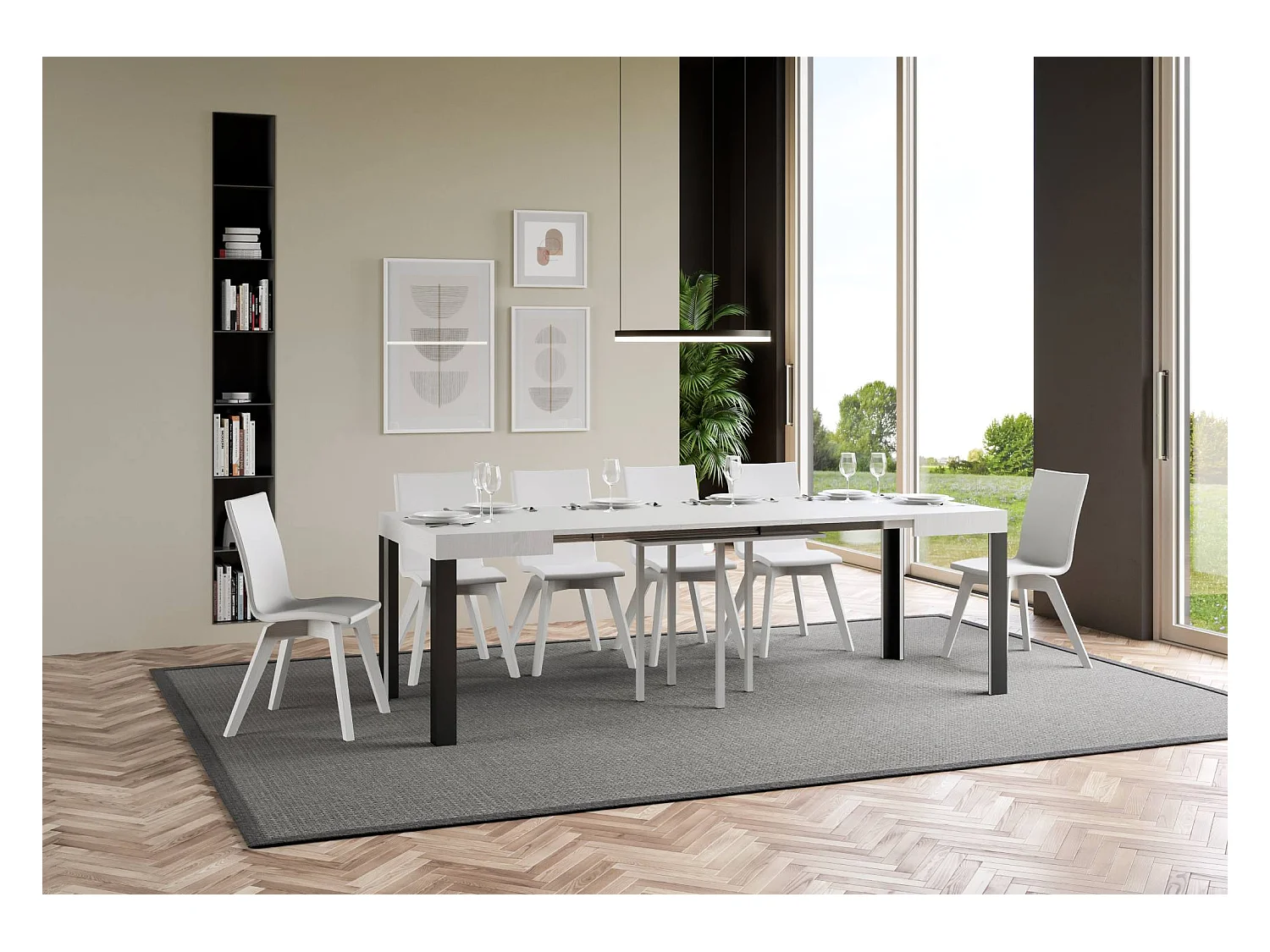 Ausziehtisch 90x90/246 cm Linea Esche weiß mit Eisenrahmen aus Anthrazit