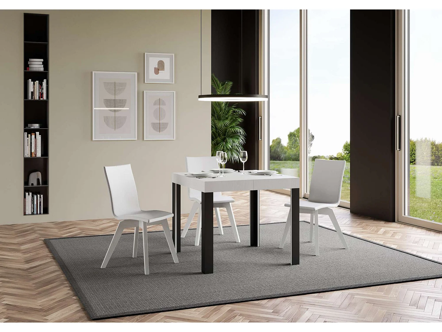 Table extensible 90x90/246 cm Linea Frêne Blanc cadre Anthracite