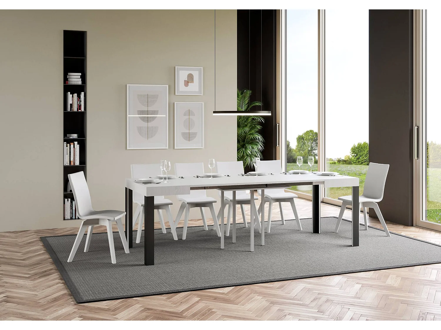 Table extensible 90x90/246 cm Linea Frêne Blanc cadre Anthracite