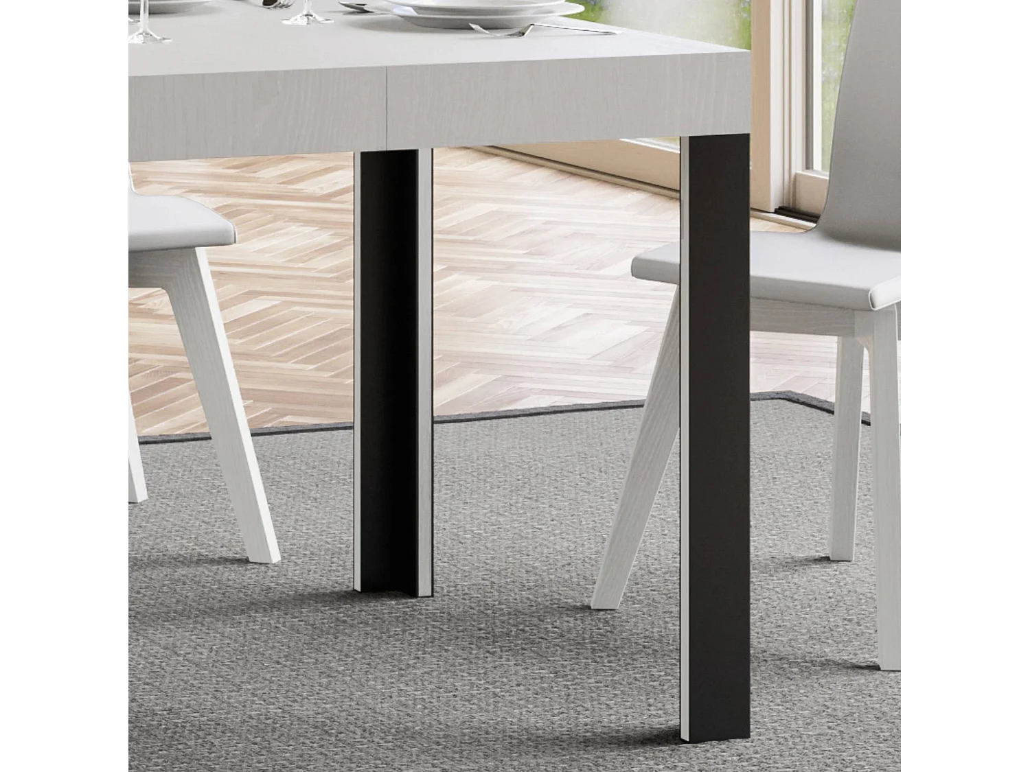 Table extensible 90x90/246 cm Linea Frêne Blanc cadre Anthracite