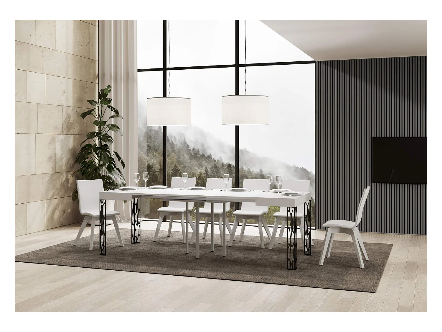 Ausziehtisch 90x90/246 cm Ghibli Esche weiß mit Eisenrahmen aus Anthrazit