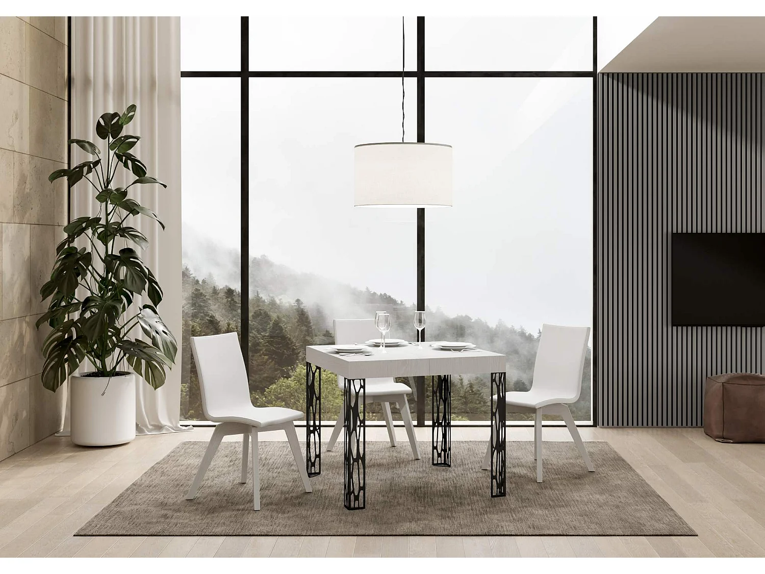 Table extensible 90x90/246 cm Ghibli Frêne Blanc cadre Anthracite