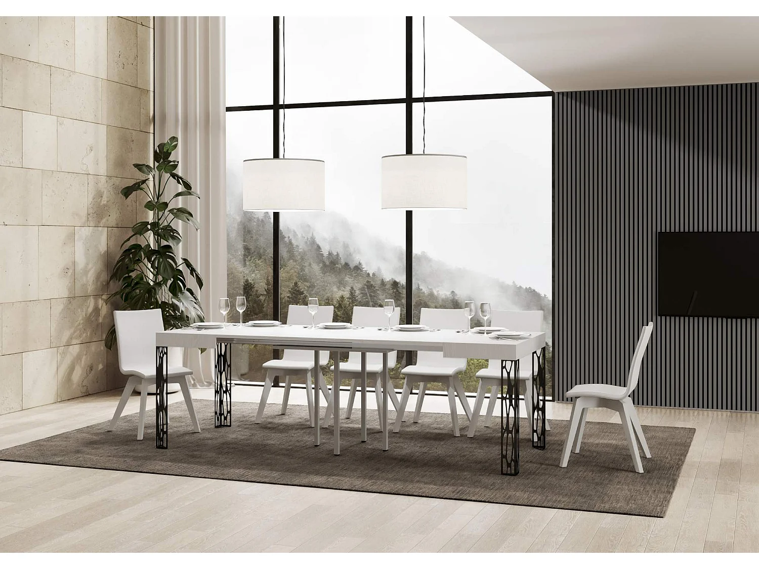 Table extensible 90x90/246 cm Ghibli Frêne Blanc cadre Anthracite