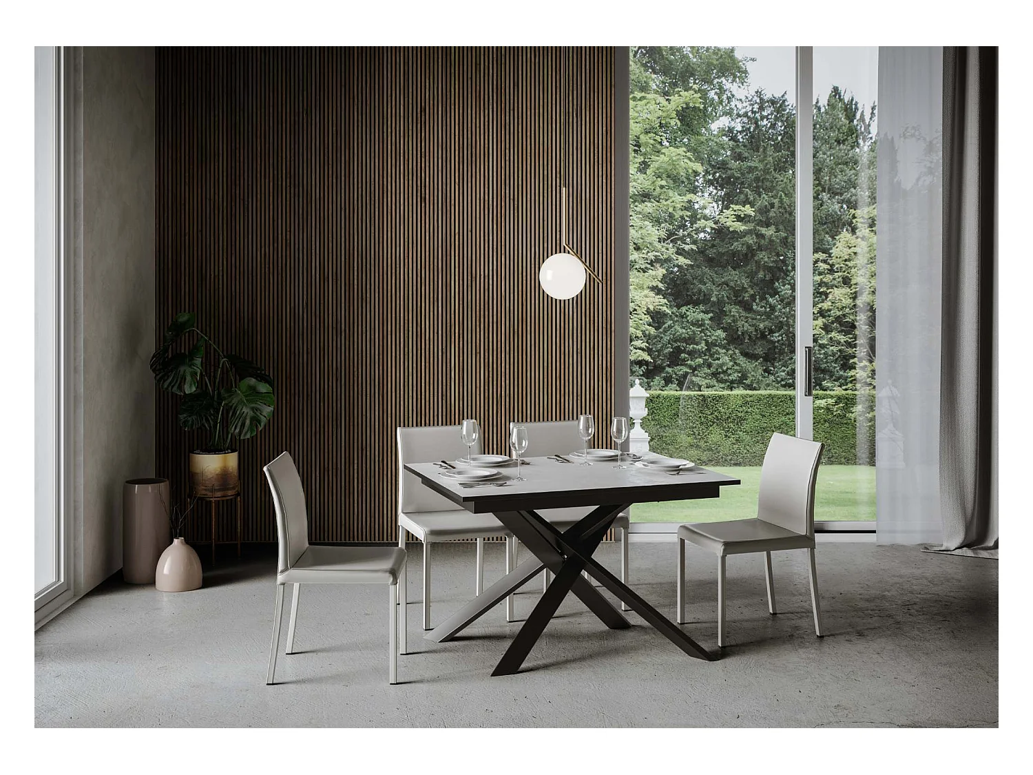 Table extensible 90x120/180 cm Ganty Blanc Spatulé bande de chante Anthracite cadre Anthracite