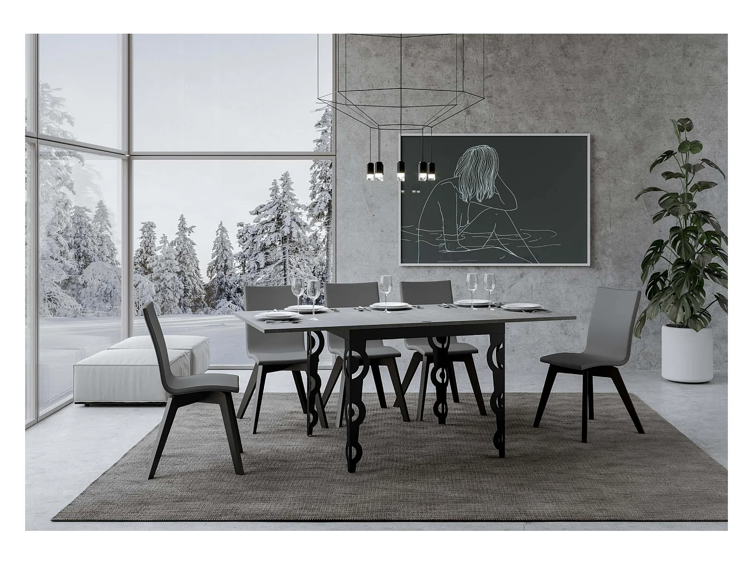 Table extensible portefeuille 90x90/180 cm Karamay Libra Gris Béton cadre Anthracite