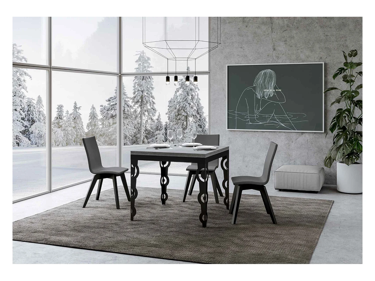 Table extensible portefeuille 90x90/180 cm Karamay Libra Gris Béton cadre Anthracite