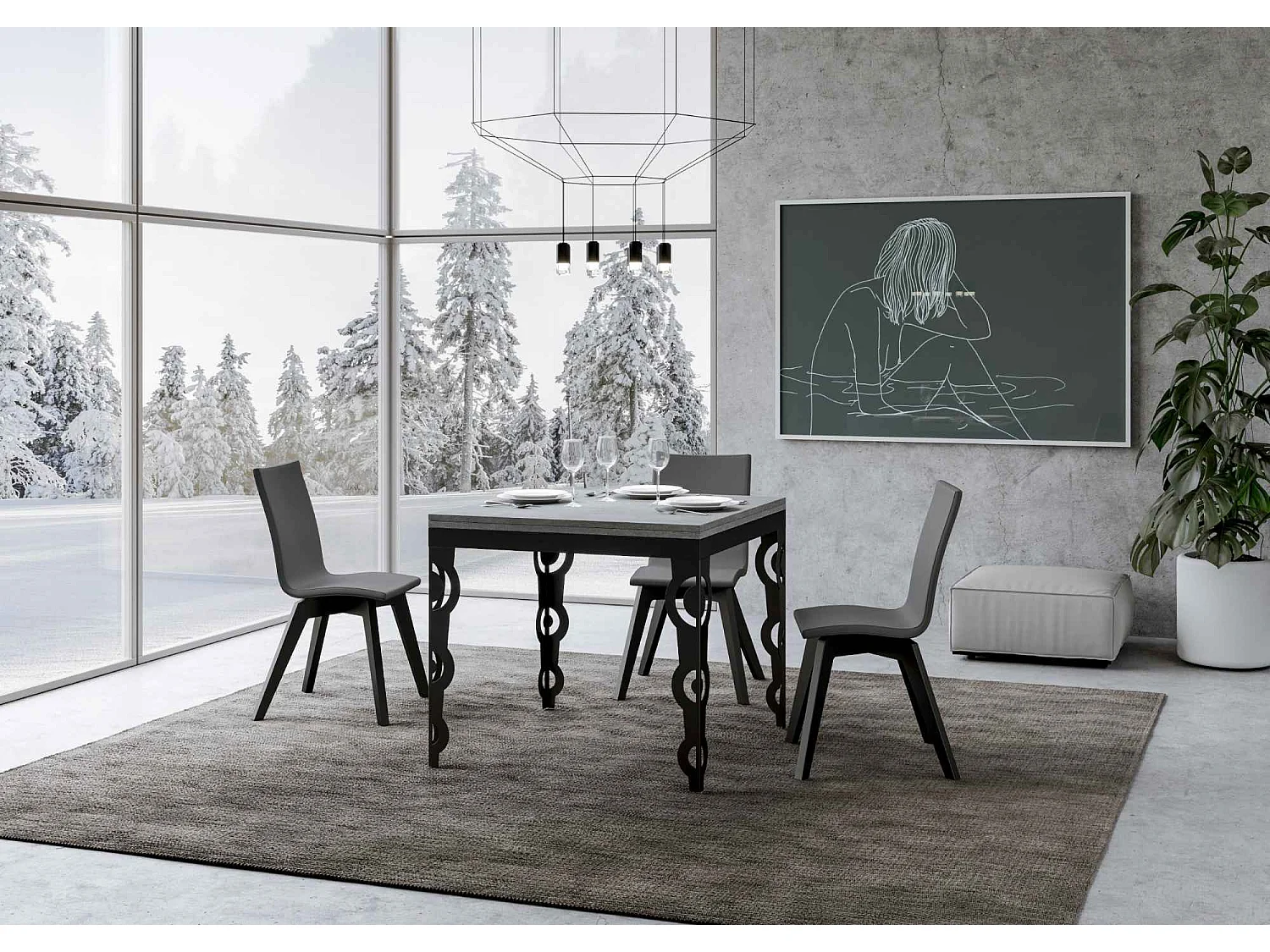 Ausziehtisch 90x90/180 cm Karamay Libra Zement mit Eisenrahmen aus Anthrazit