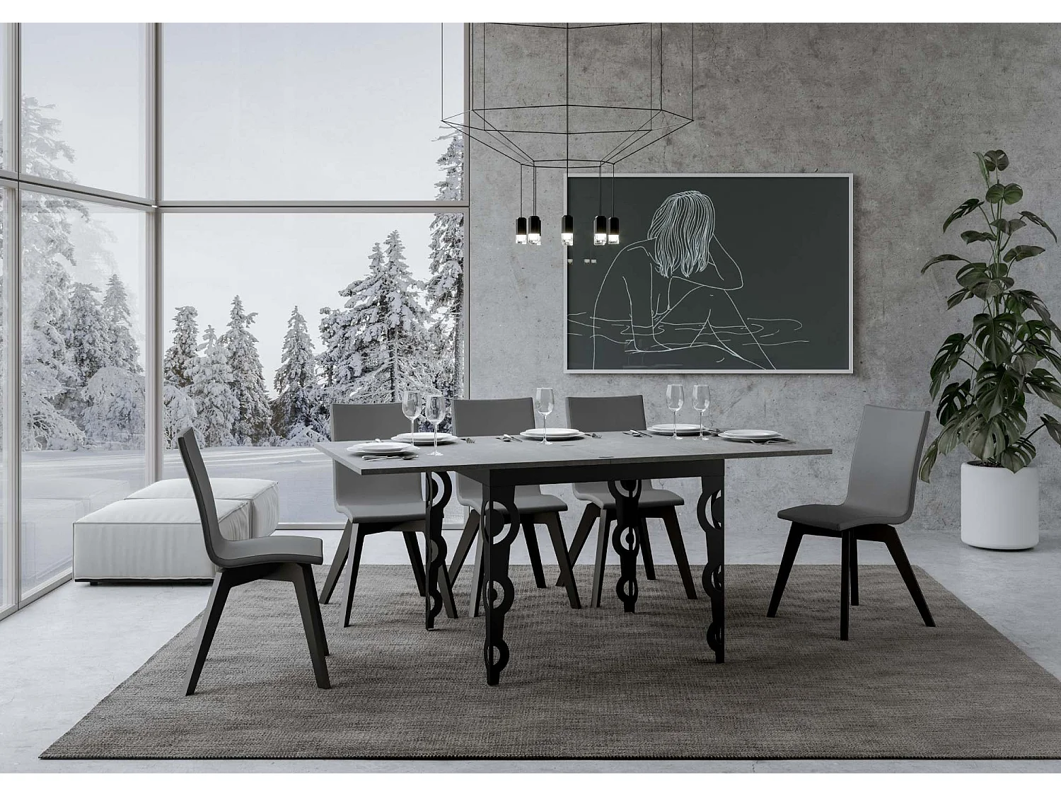 Ausziehtisch 90x90/180 cm Karamay Libra Zement mit Eisenrahmen aus Anthrazit