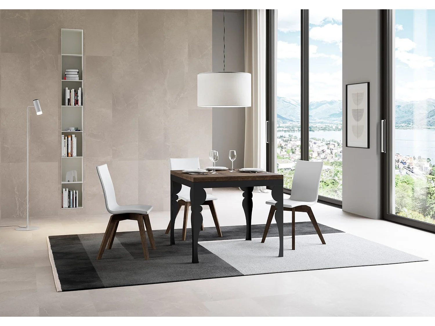 Ausziehtisch 90x90/180 cm Paxon Libra Nussbaum mit Eisenrahmen aus Anthrazit