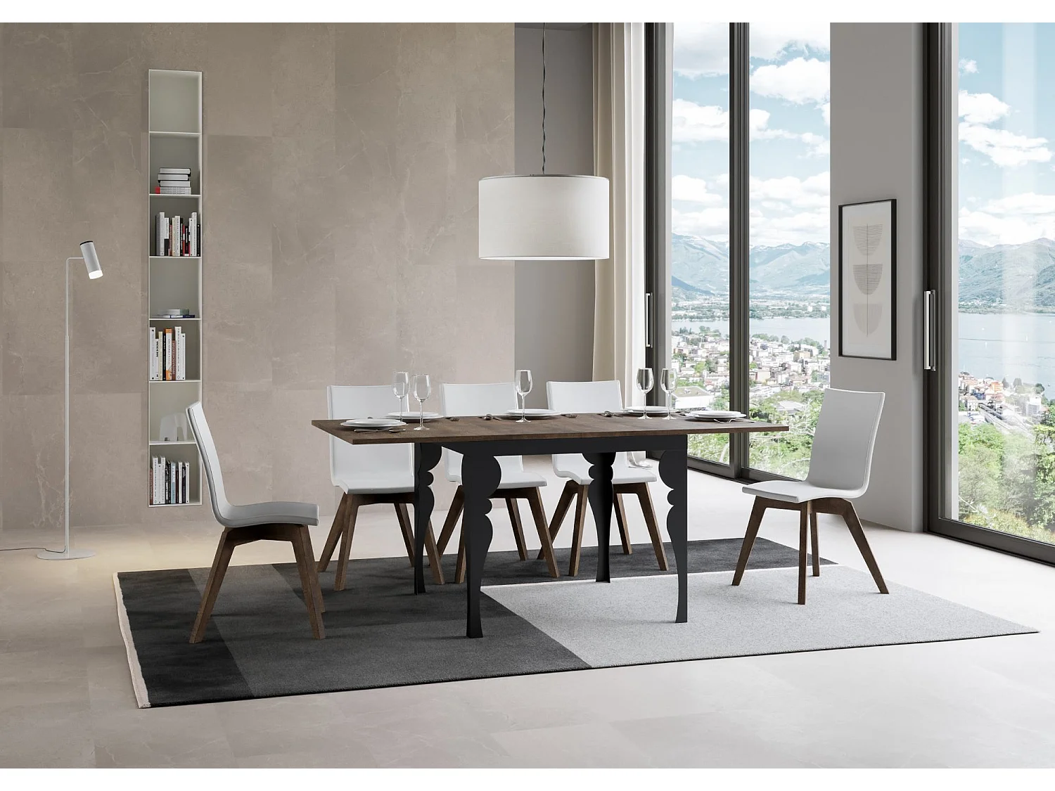 Ausziehtisch 90x90/180 cm Paxon Libra Nussbaum mit Eisenrahmen aus Anthrazit
