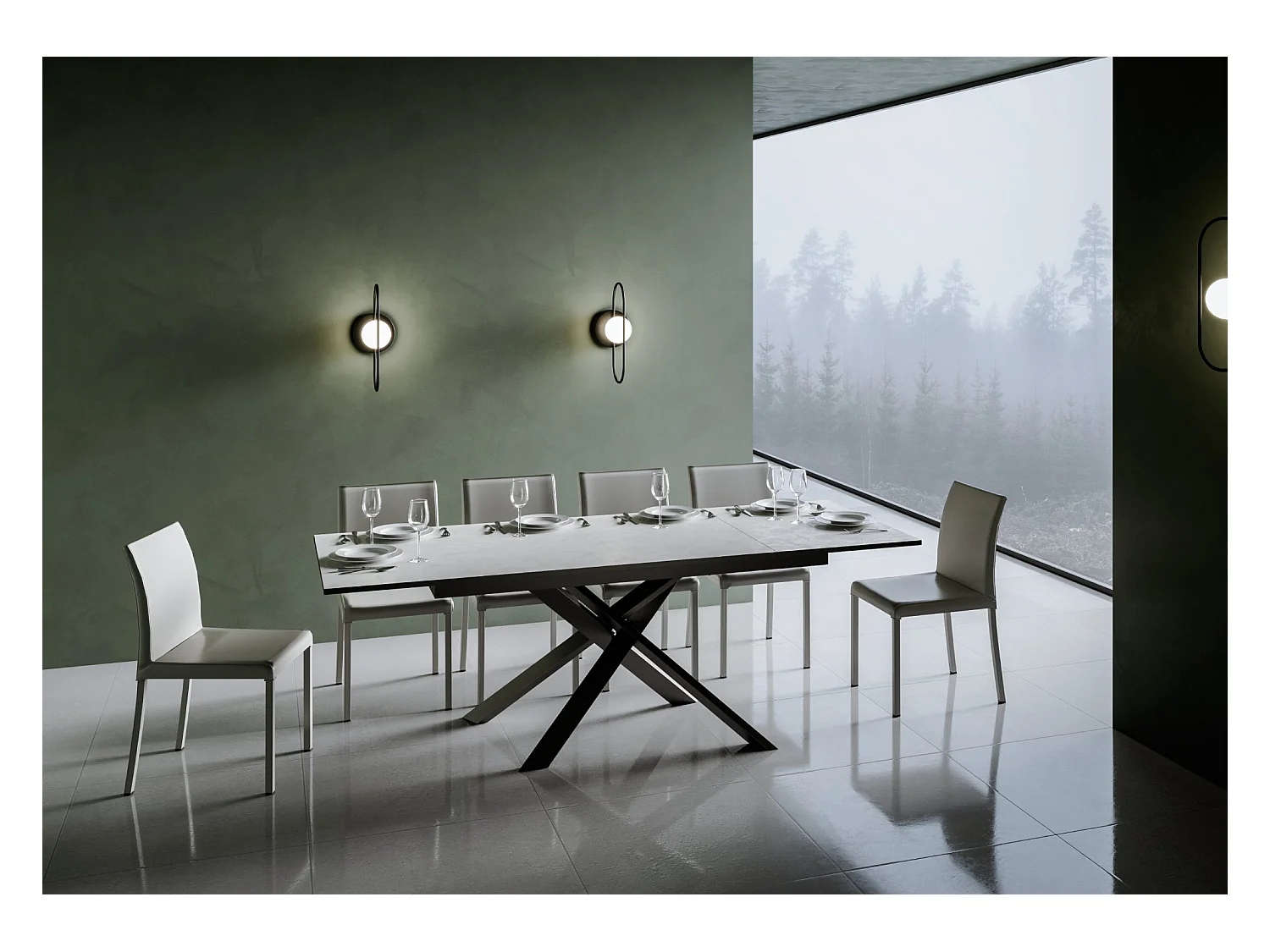 Mesa extensible 90x160/220 cm Ganty Blanco Espátula - Canto Antracita Estructura Antracita