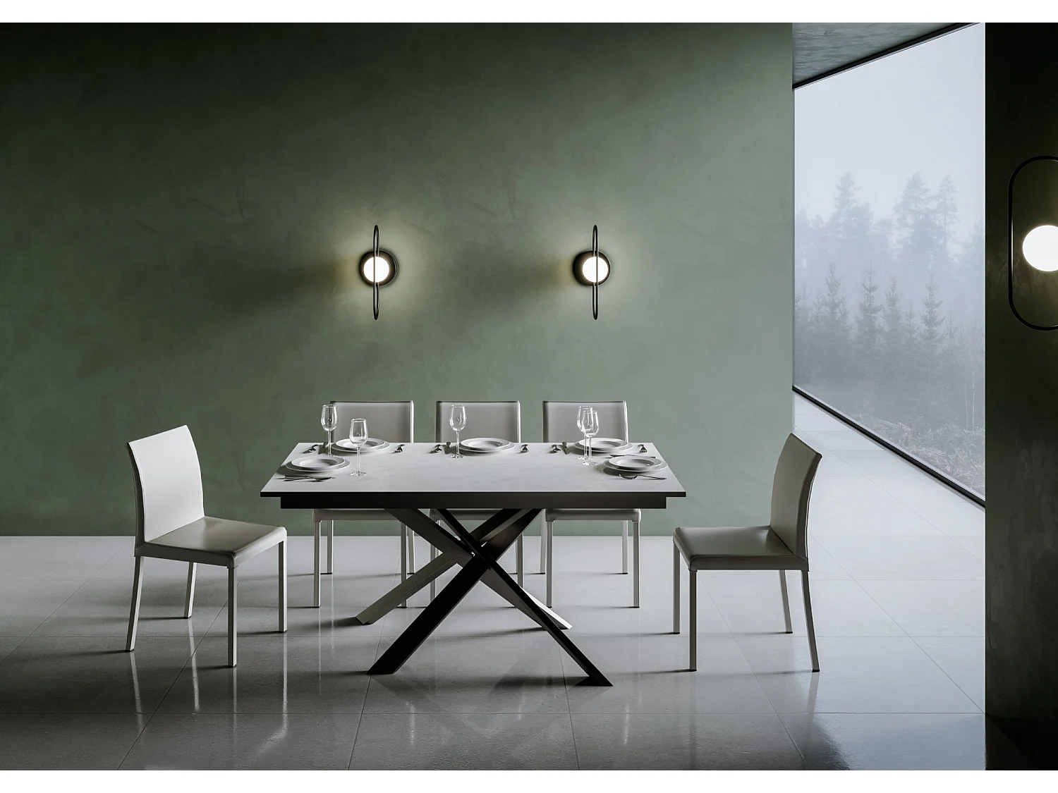 Table extensible 90x160/220 cm Ganty Blanc Spatulé bande de chante Anthracite cadre Anthracite