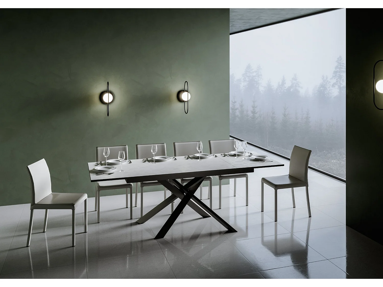 Table extensible 90x160/220 cm Ganty Blanc Spatulé bande de chante Anthracite cadre Anthracite