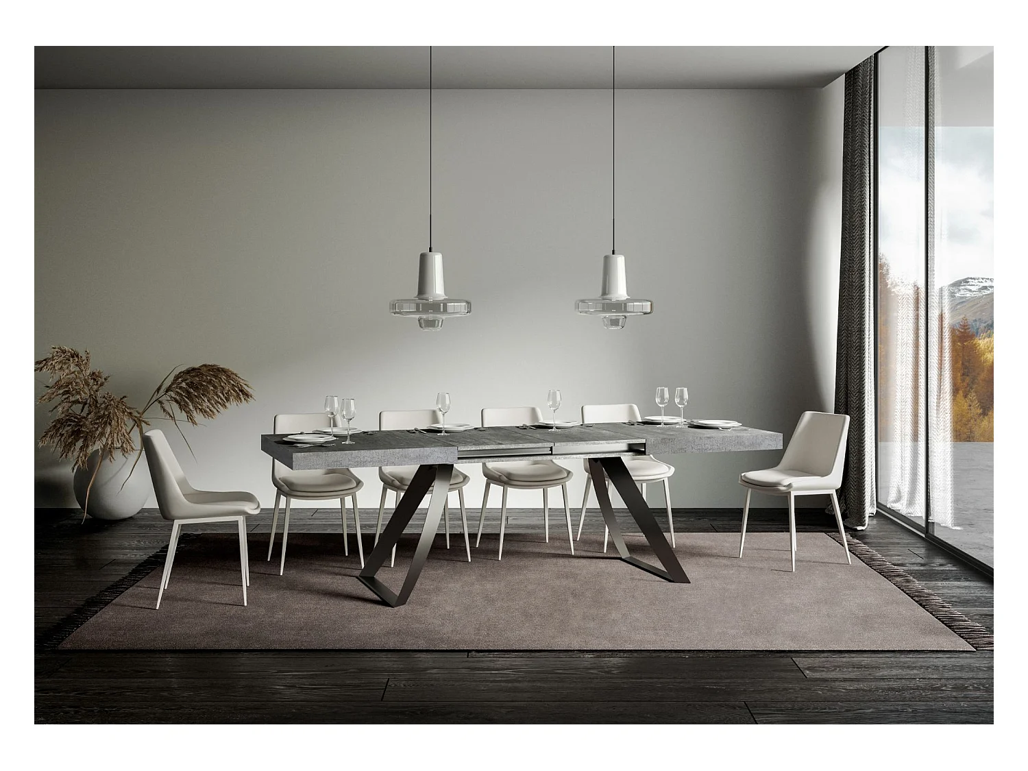 Ausziehtisch 90x180/440 cm Proxy Zement mit Eisenrahmen aus Anthrazit