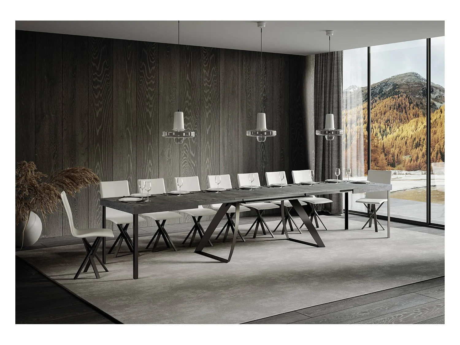 Ausziehtisch 90x180/440 cm Proxy Zement mit Eisenrahmen aus Anthrazit