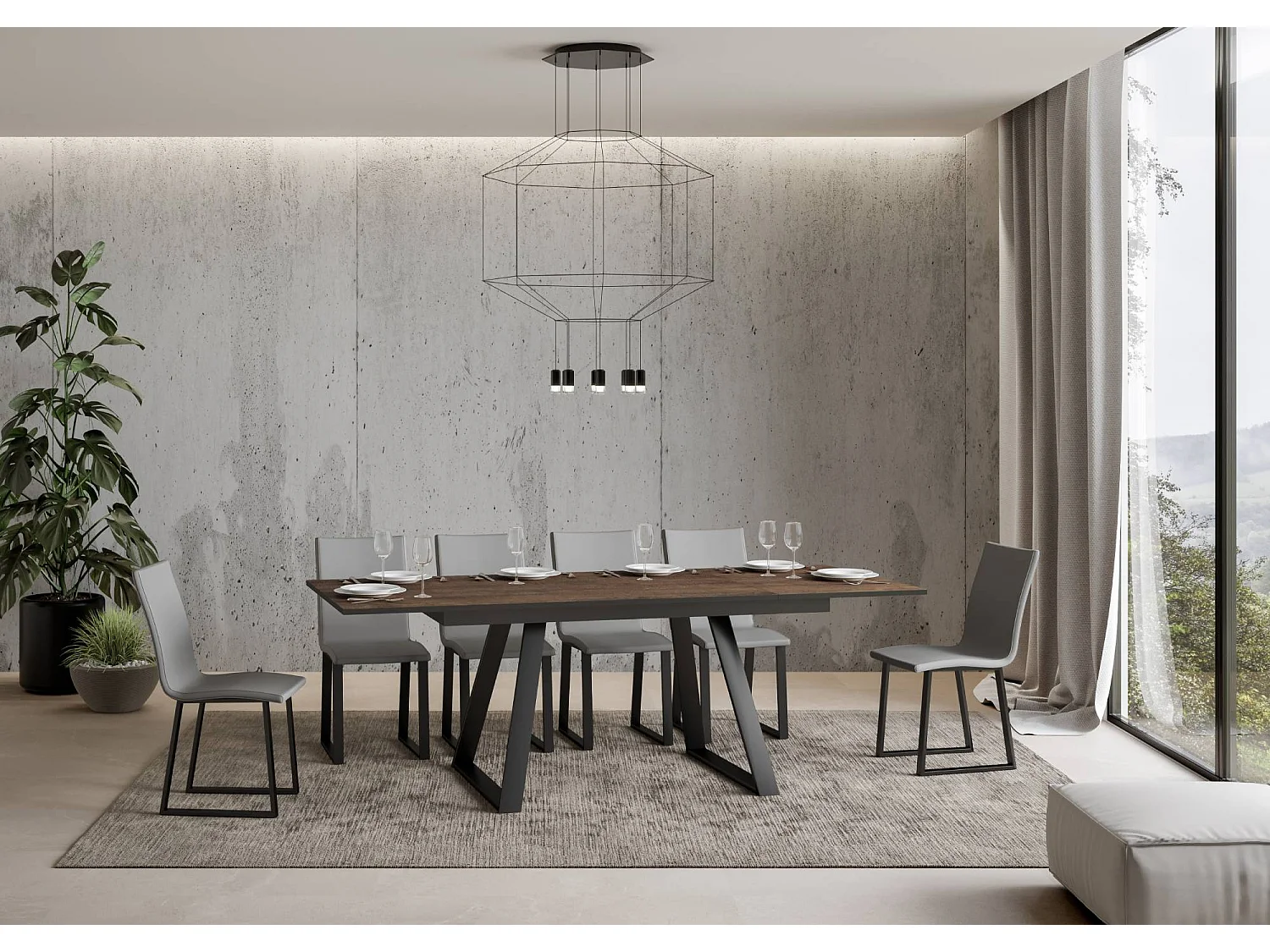 Table extensible 90x160/220 cm Bernadette Noyer cadre Anthracite