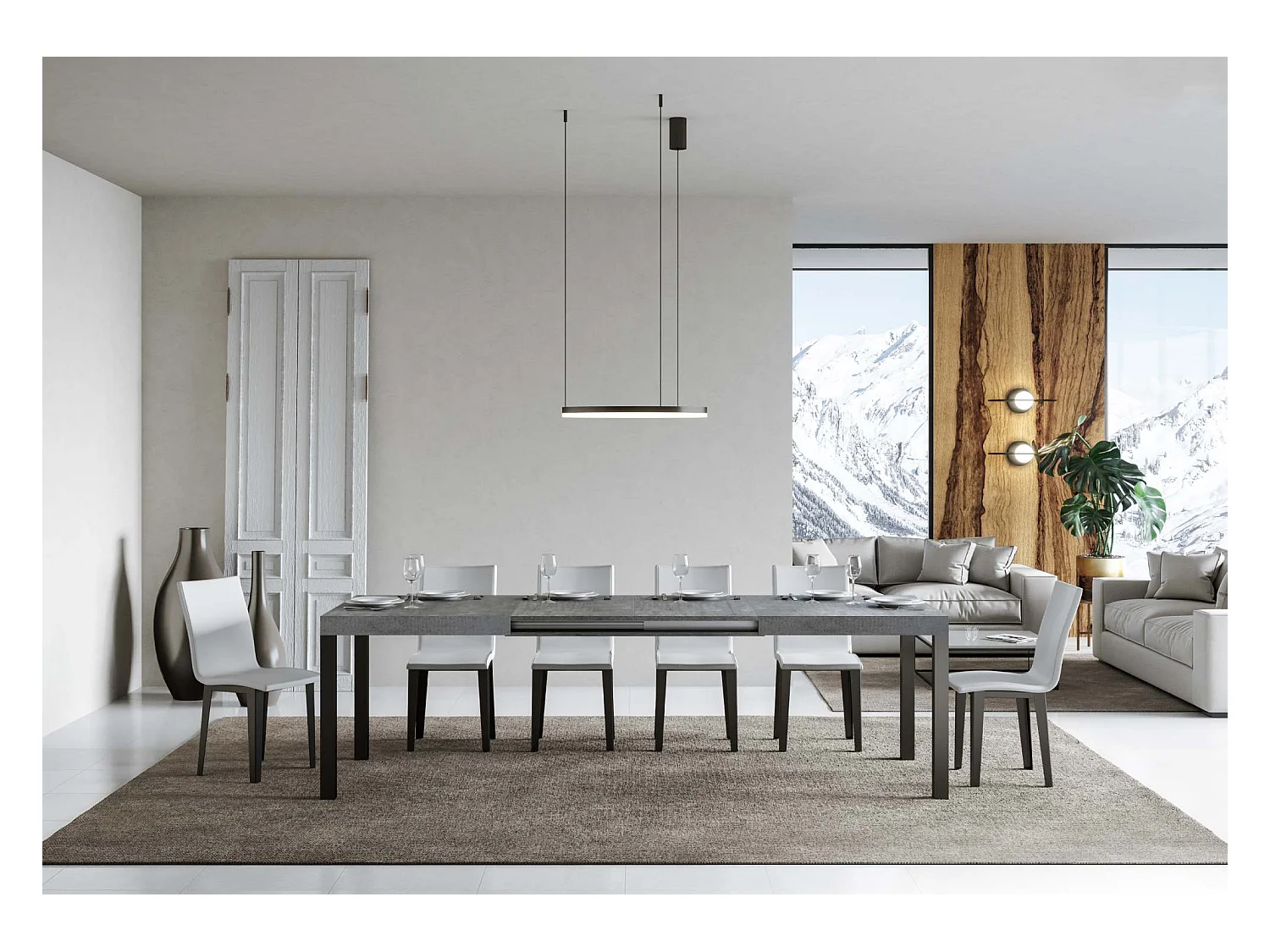 Mesa de comedor extensible Karry-Color Gris cemento-Soporte 2 pies-Ancho extensible