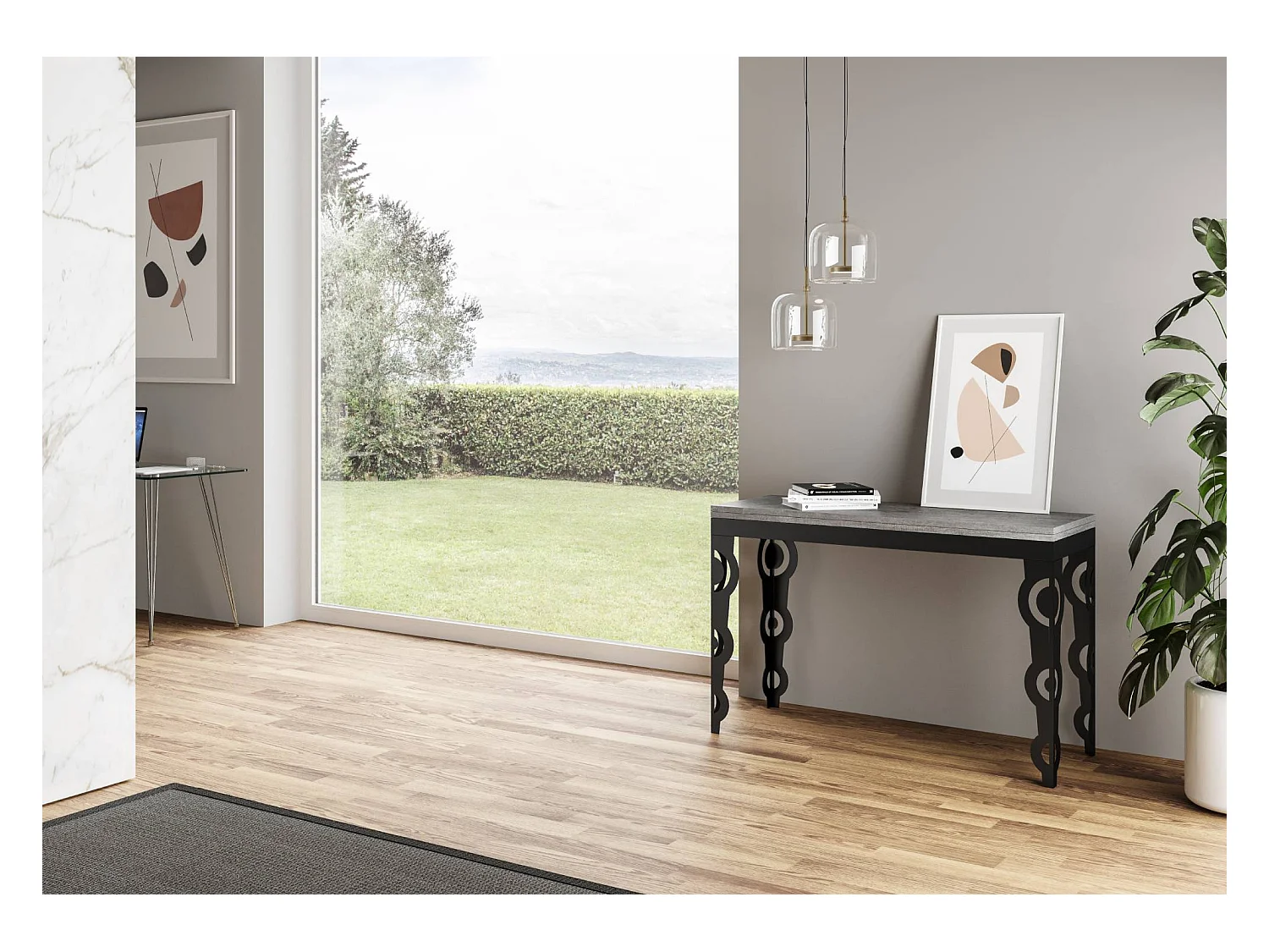 Table extensible portefeuille 120x45/90 cm Karamay Double Gris Béton cadre Anthracite