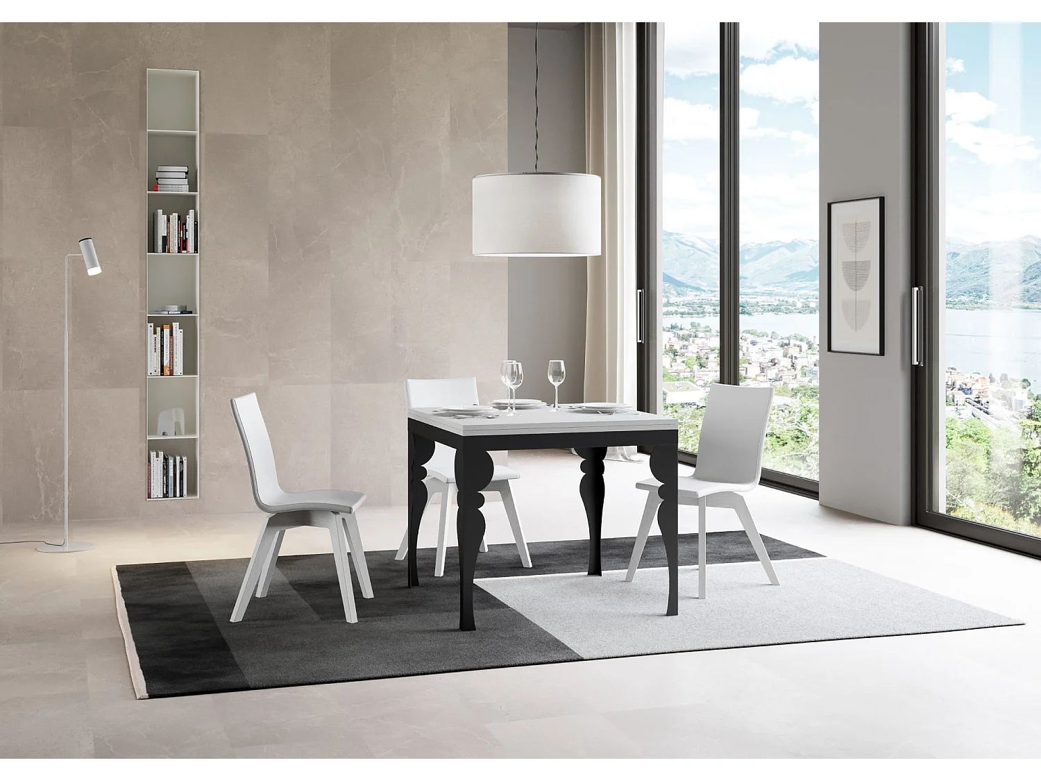 Ausziehtisch 90x90/180 cm Paxon Libra Esche weiß mit Eisenrahmen aus Anthrazit