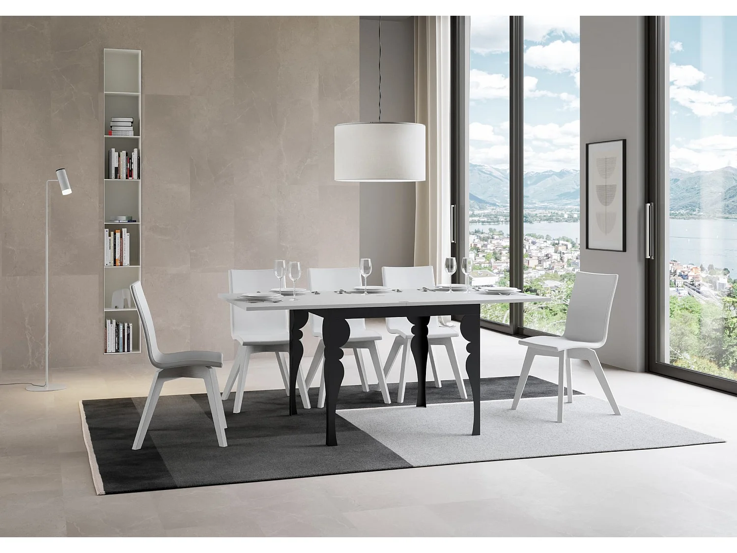 Ausziehtisch 90x90/180 cm Paxon Libra Esche weiß mit Eisenrahmen aus Anthrazit