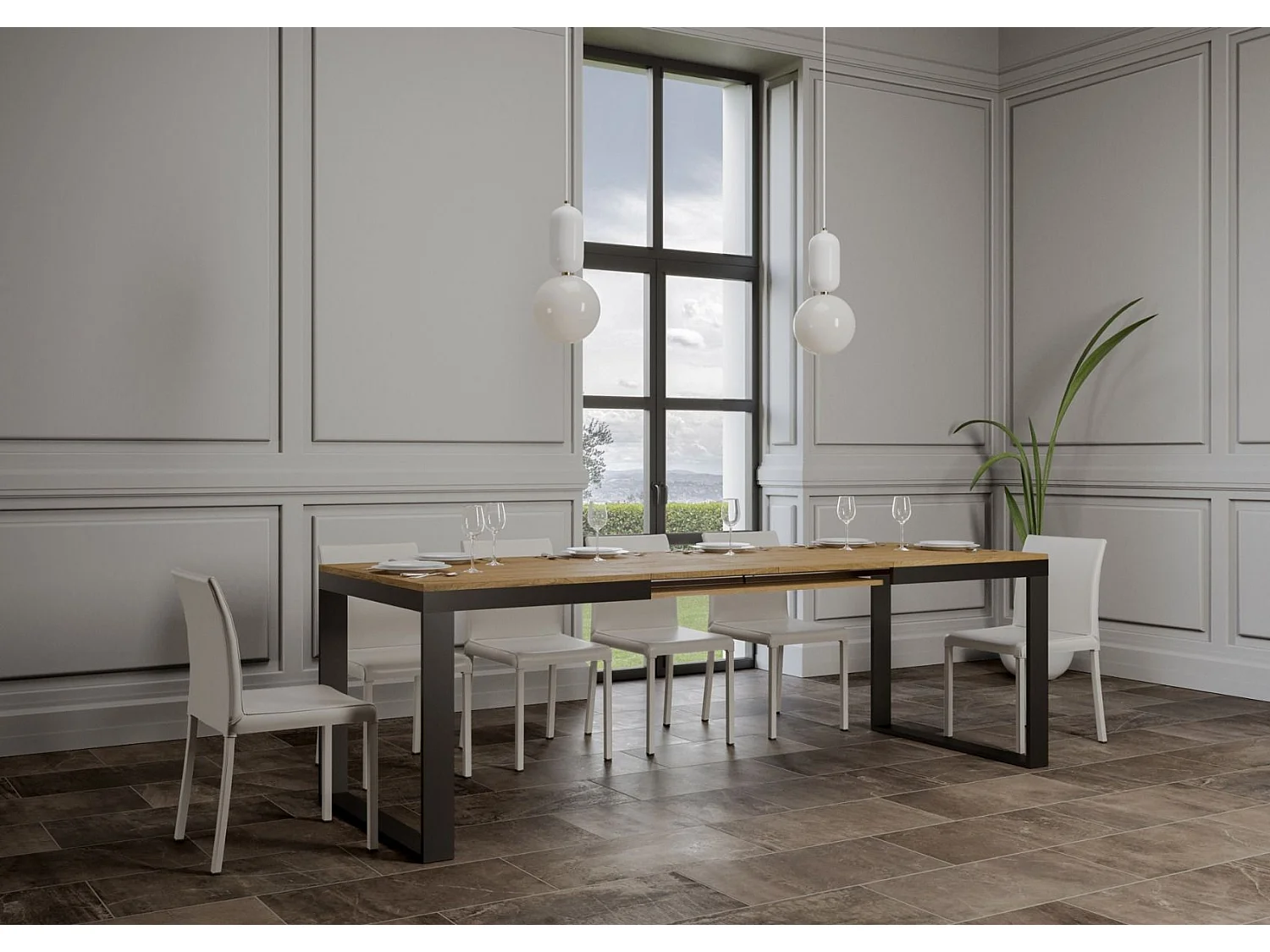 Uitschuifbare tafel 180/440x90 cm Tecno Evolution natuur eiken met antraciet frame en poten
