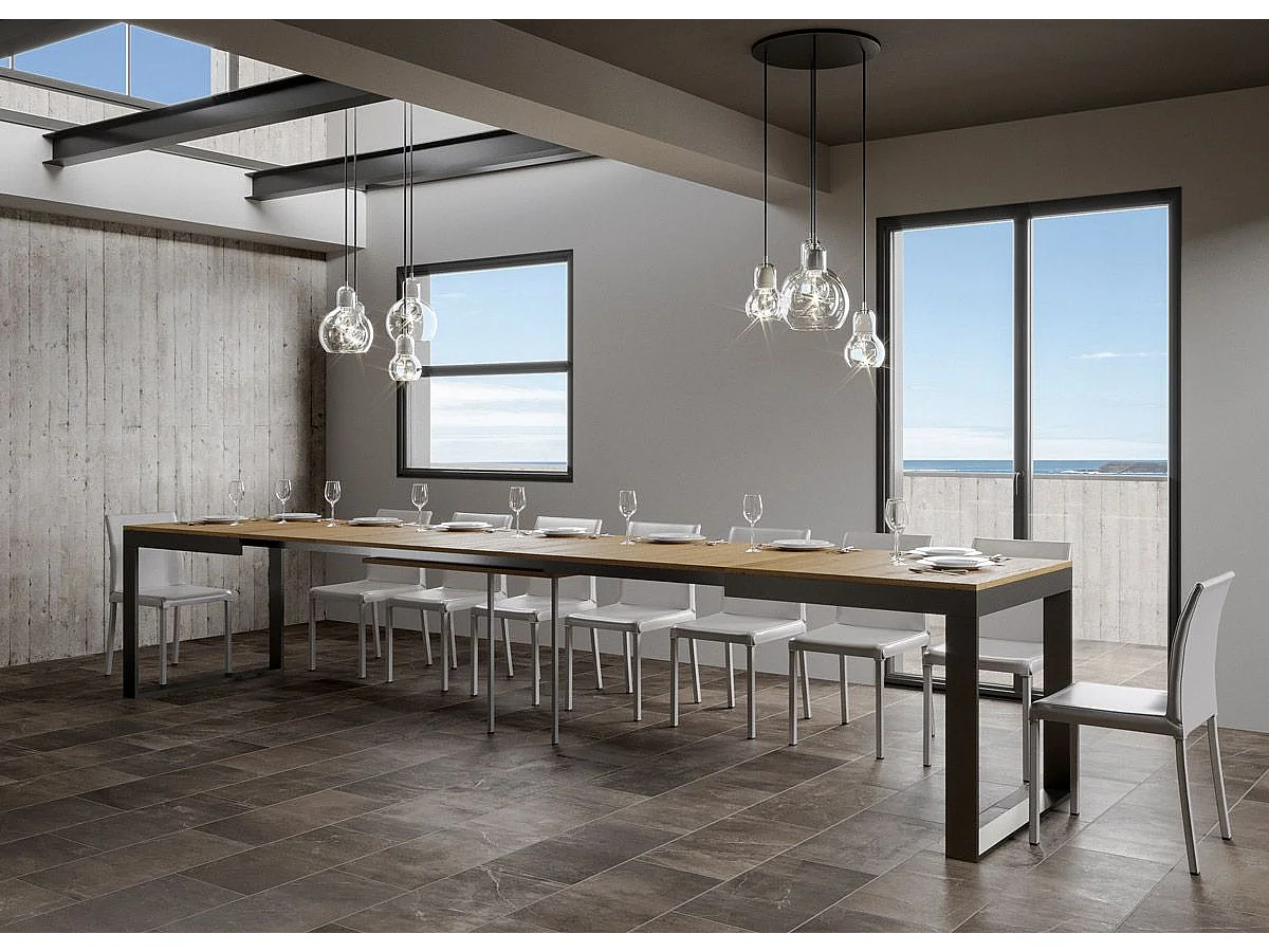 Uitschuifbare tafel 180/440x90 cm Tecno Evolution natuur eiken met antraciet frame en poten