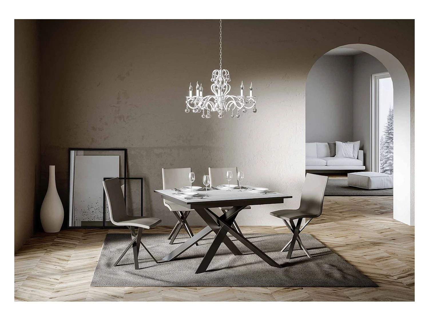 Ausziehbarer Tisch 90x120/180 cm Ganty Esche weiß - Kante Anthrazit Gestell Anthrazit