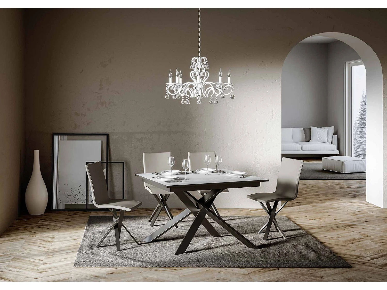 Mesa extensible 90x120/180 cm Ganty Fresno Blanco - Canto Antracita Estructura Antracita