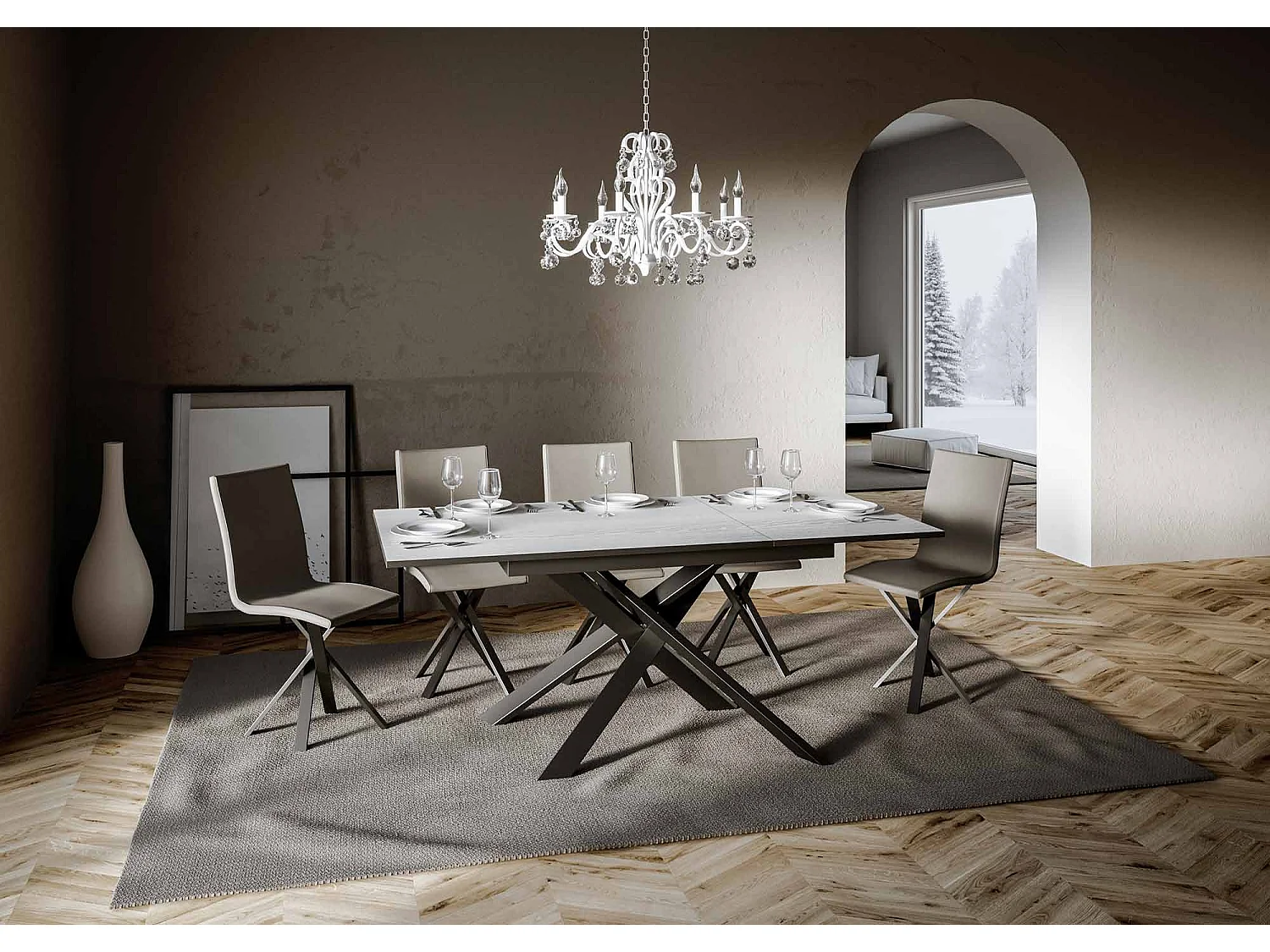 Mesa extensible 90x120/180 cm Ganty Fresno Blanco - Canto Antracita Estructura Antracita