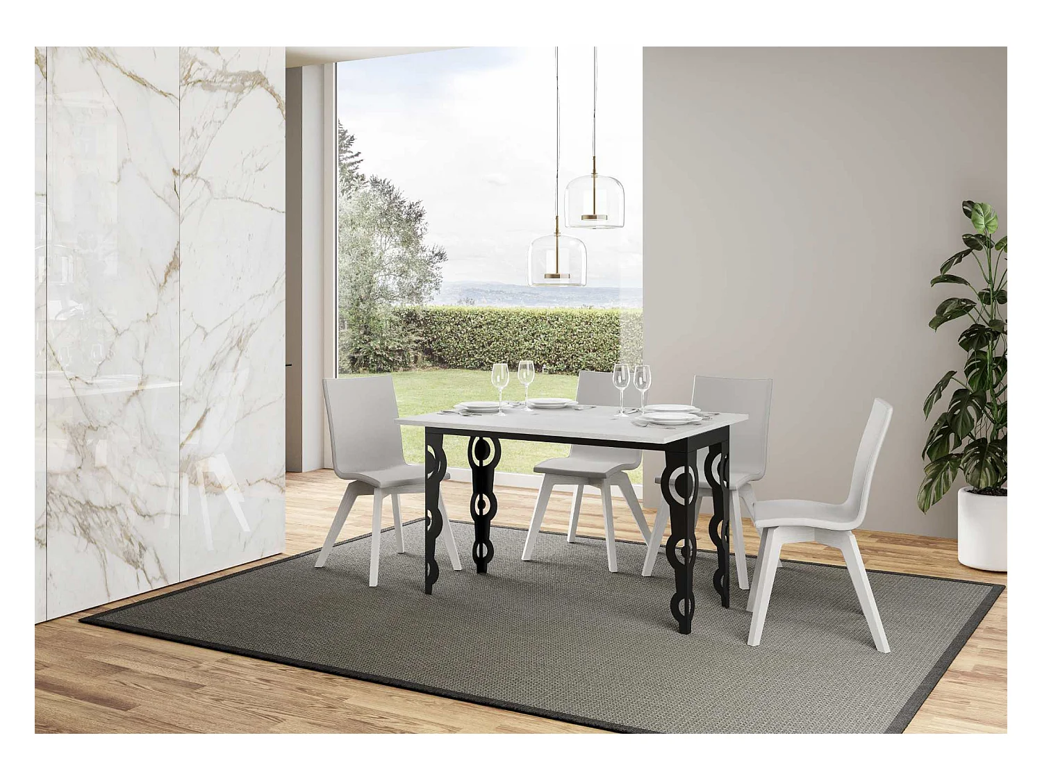 Ausziehtisch 120x45/90 cm Karamay Double Esche weiß mit Eisenrahmen aus Anthrazit