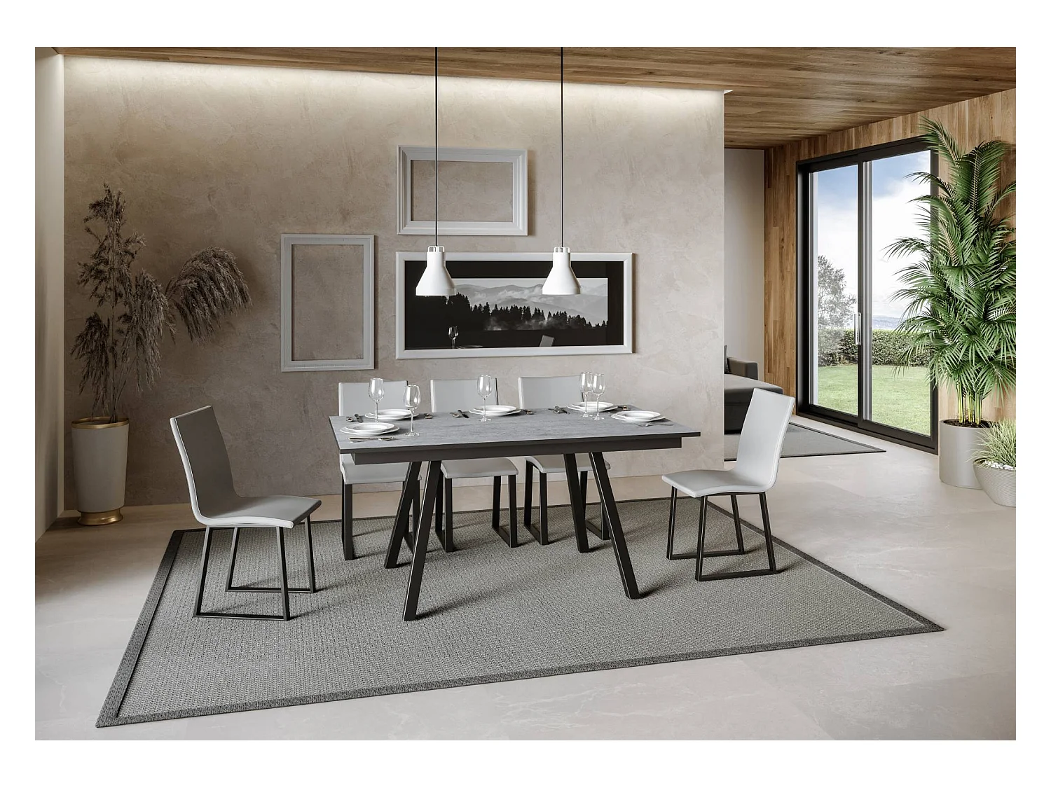 Table extensible 90x160/220 cm Mirhi Gris Béton cadre Anthracite