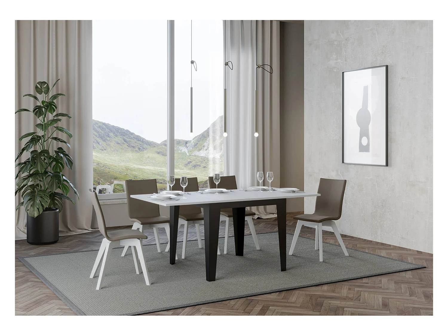 Mesa tipo libro 90x90/180 cm Flame Libra Fresno Blanco estructura Antracita