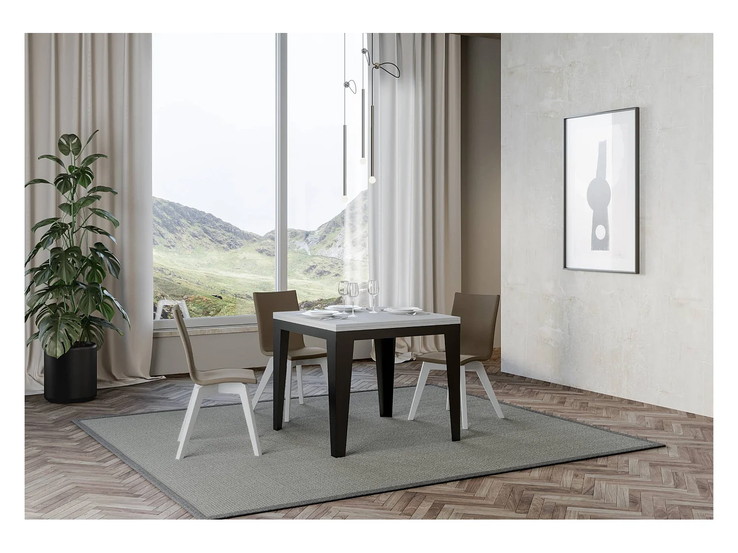 Mesa tipo libro 90x90/180 cm Flame Libra Fresno Blanco estructura Antracita