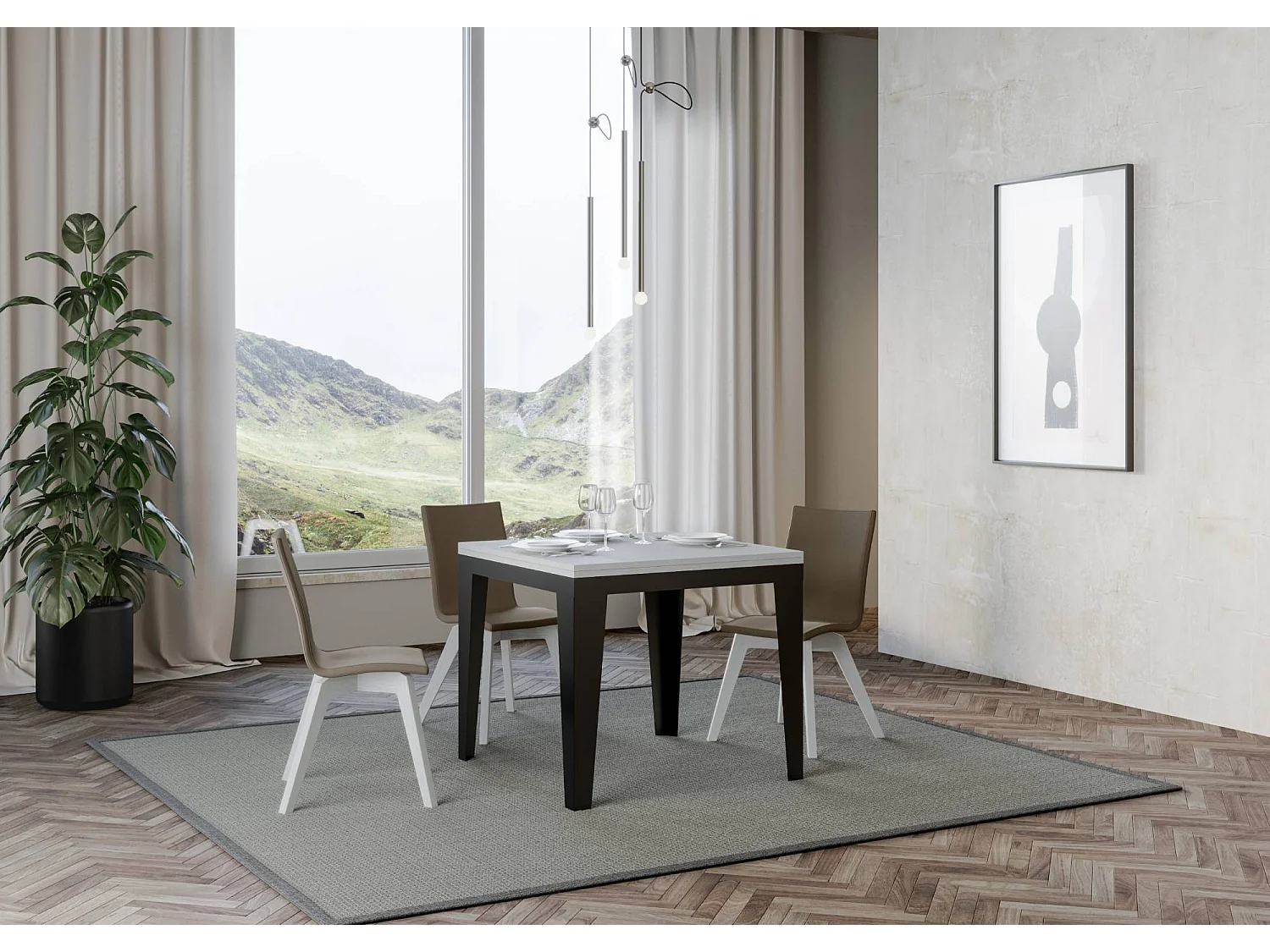Uitklapbare tafel 90x90/180 cm Flame Libra eiken wit frame antraciet