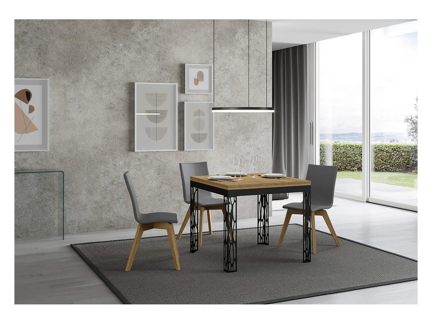 Ausziehtisch 90x90/180 cm Ghibli Libra Eiche Natur mit Eisenrahmen aus Anthrazit