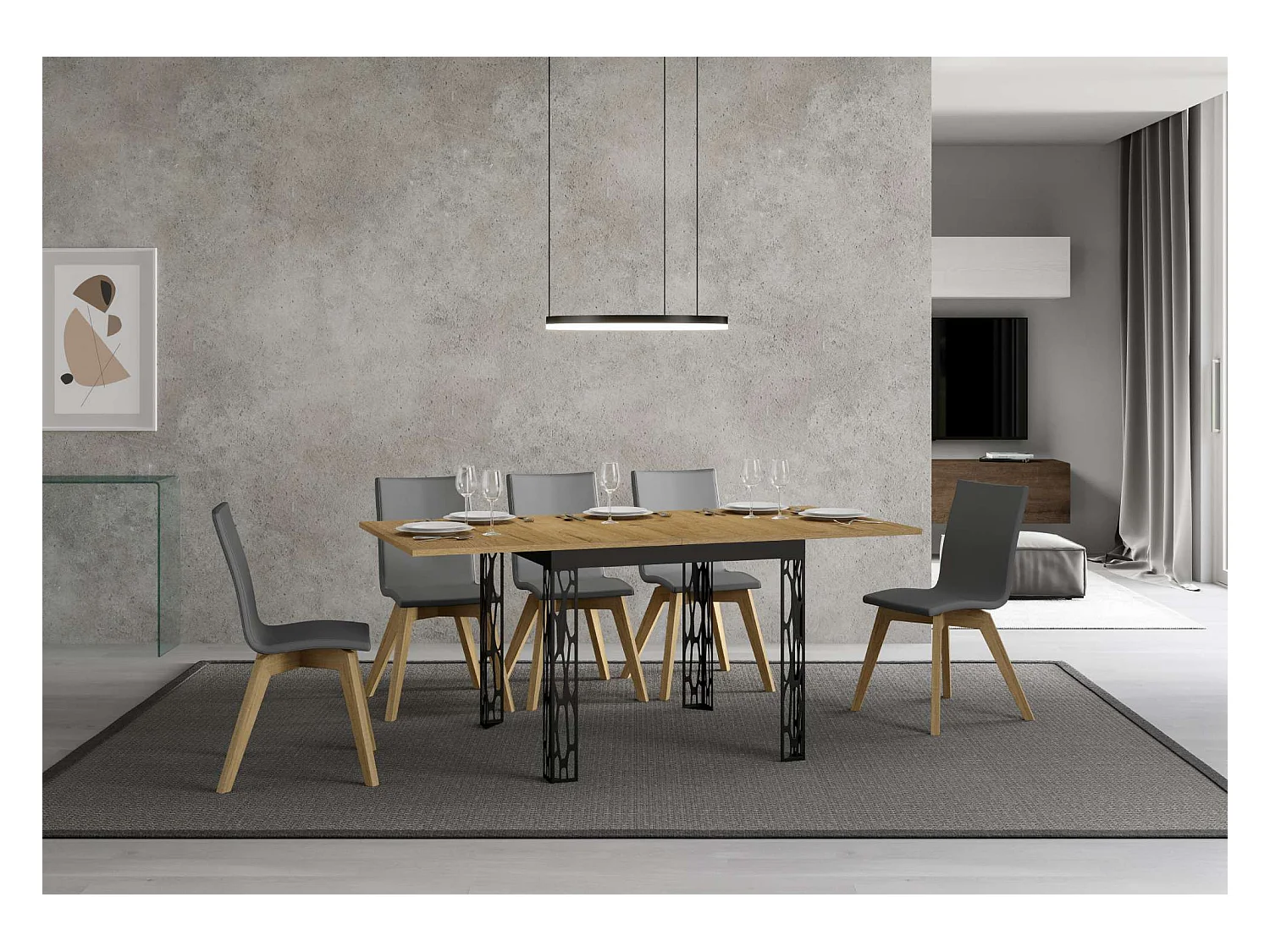 Ausziehtisch 90x90/180 cm Ghibli Libra Eiche Natur mit Eisenrahmen aus Anthrazit