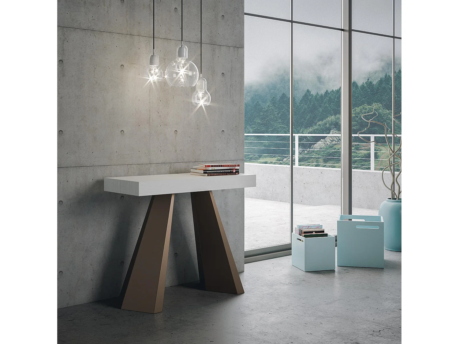 Console extensible 90x40/300 cm Diamante frêne blanc pieds ours