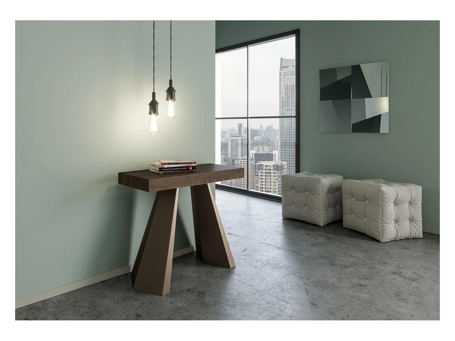 Diva design uitschuifbare console in hout en bruin staal 90x40/196 of 90x40/300 cm-Kleur Bruin-Verlengsnoeren 3 dunne verlengingen