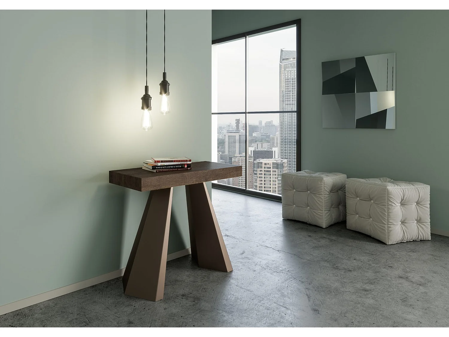 Uitschuifbare sidetable 90x40/196 cm Diamante Small walnoot met beerbruin frame