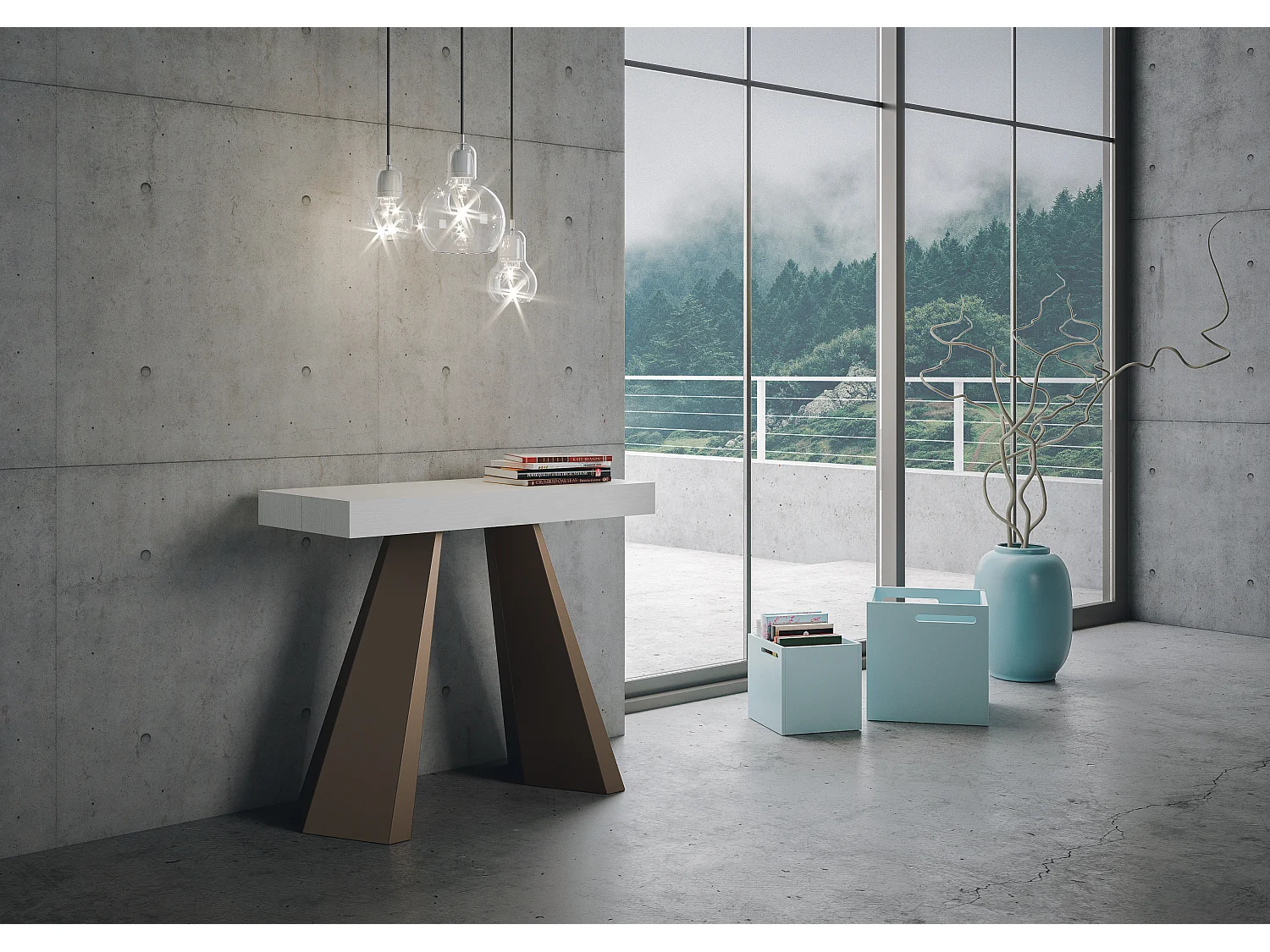 Console extensible 90x40/300 cm Diamante Premium frêne blanc pieds ours